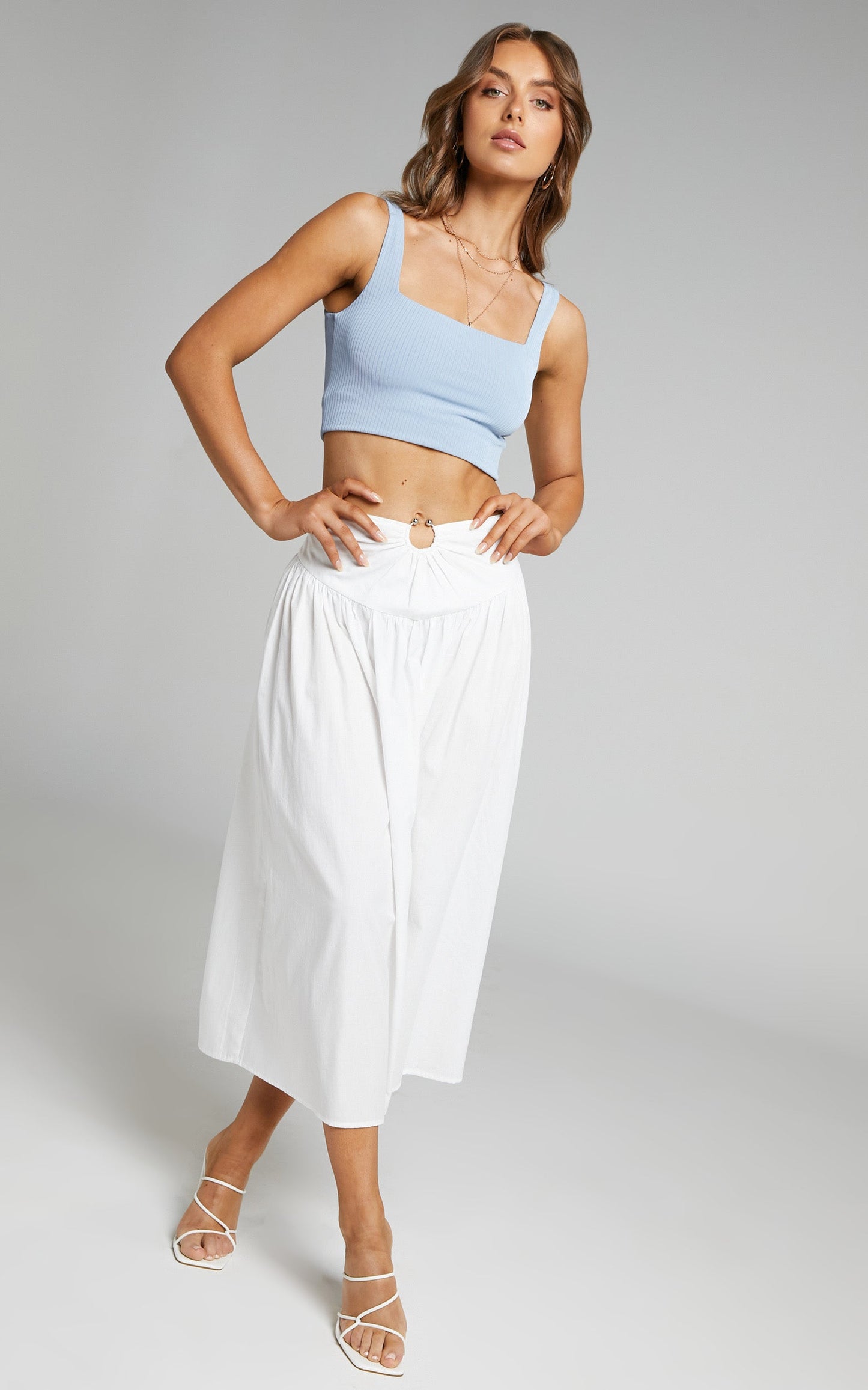 Hyra Midi Skirt - Ring Detail Gathered Yoke Skirt in White