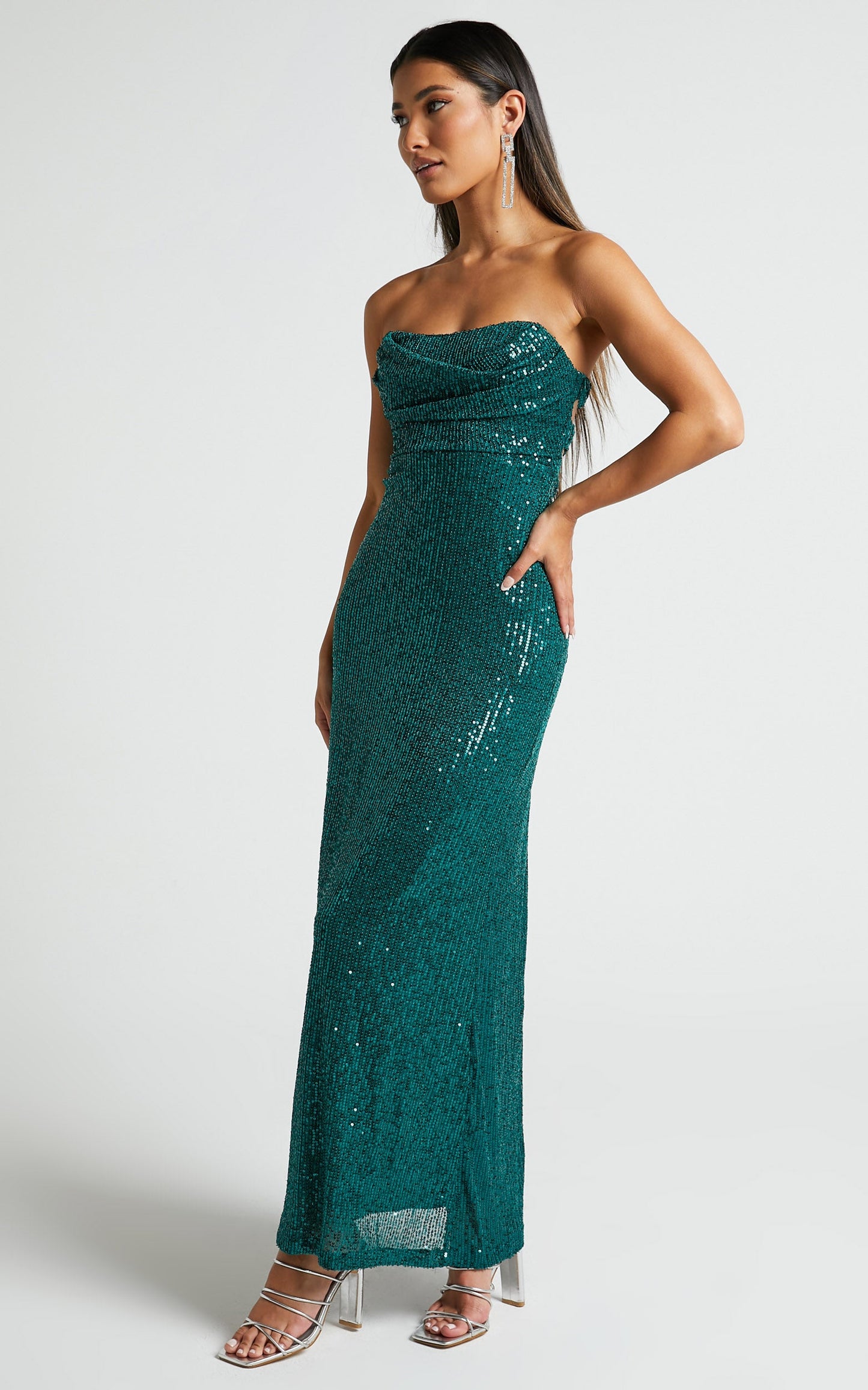 Ibiza Midi Dress - Scoop Neck Strapless Bustier Sequin Dress in Emerald