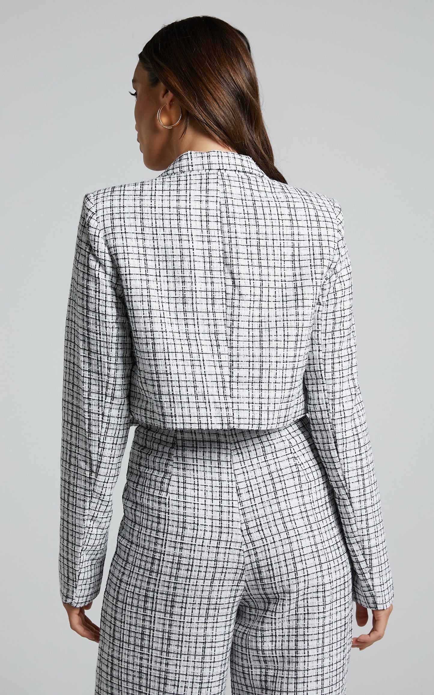 Icie Blazer - Tweed Cropped Single Breasted Blazer in White & Black