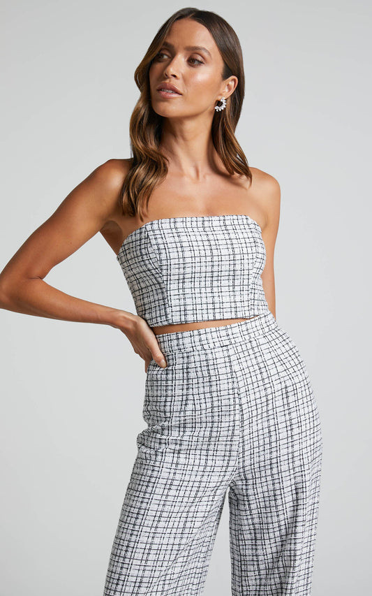 Icie Top - Tweed Strapless Crop Top in White & Black