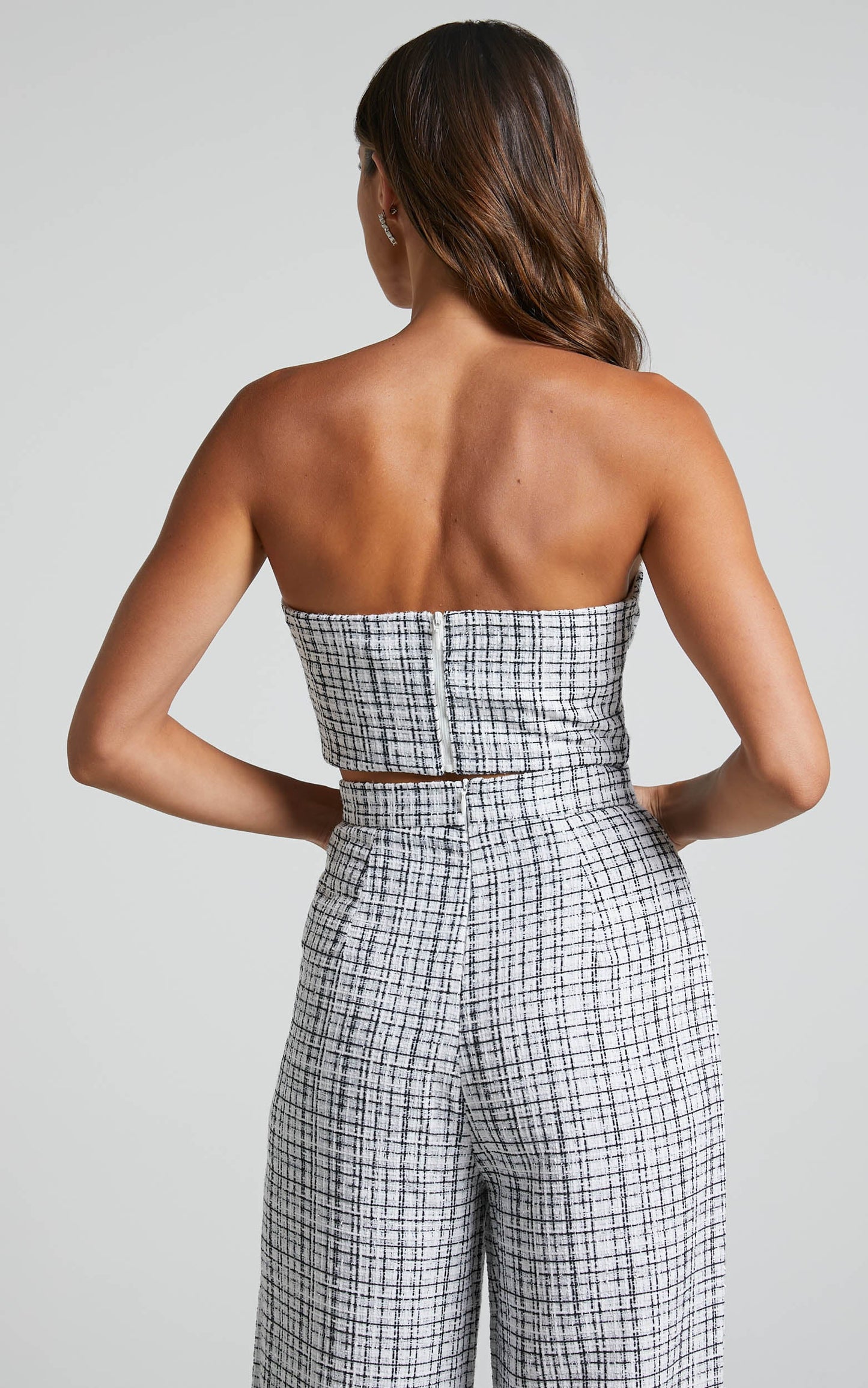 Icie Top - Tweed Strapless Crop Top in White & Black