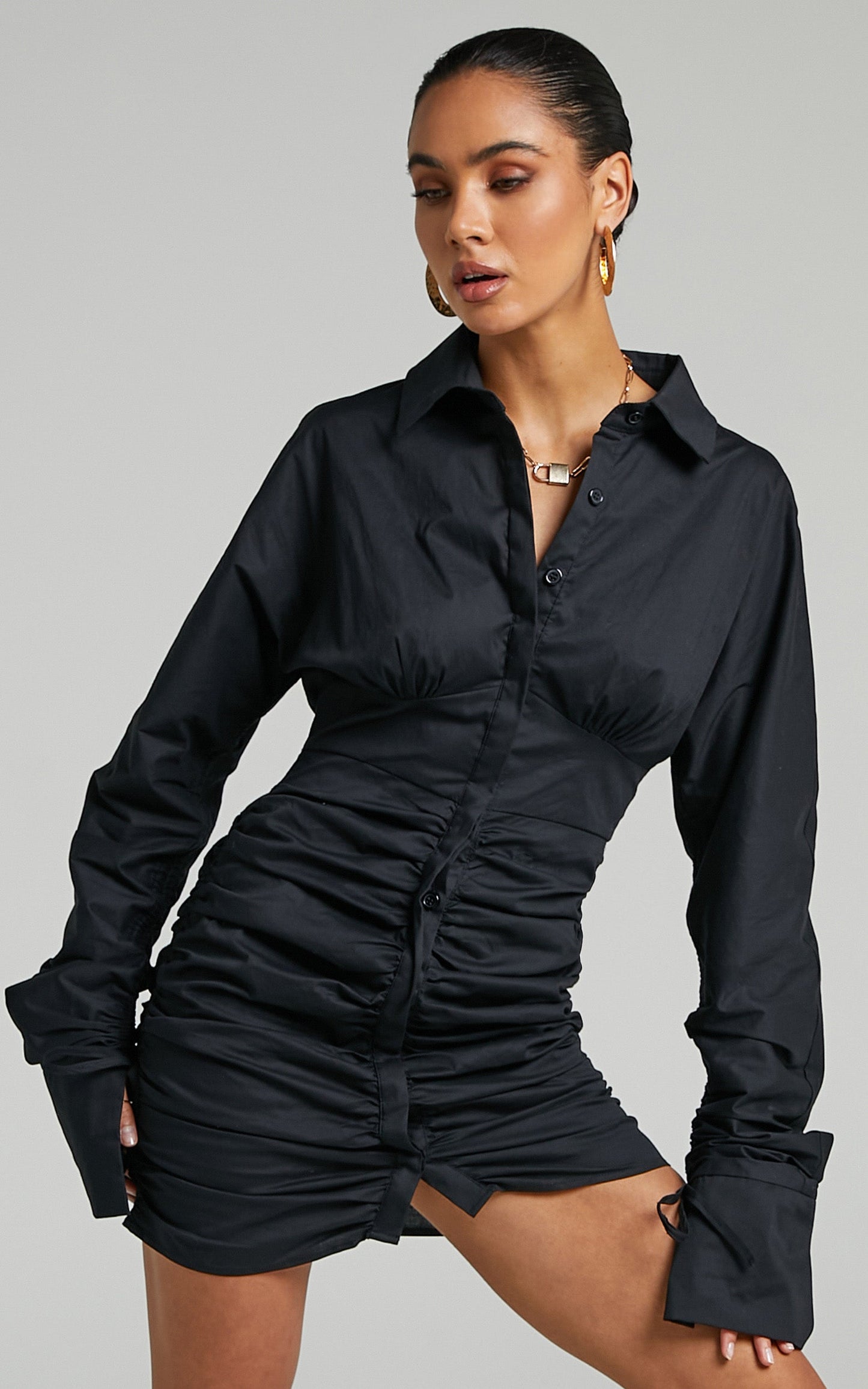 Ida Mini Dress - Ruched Button Up Shirt Dress in Black