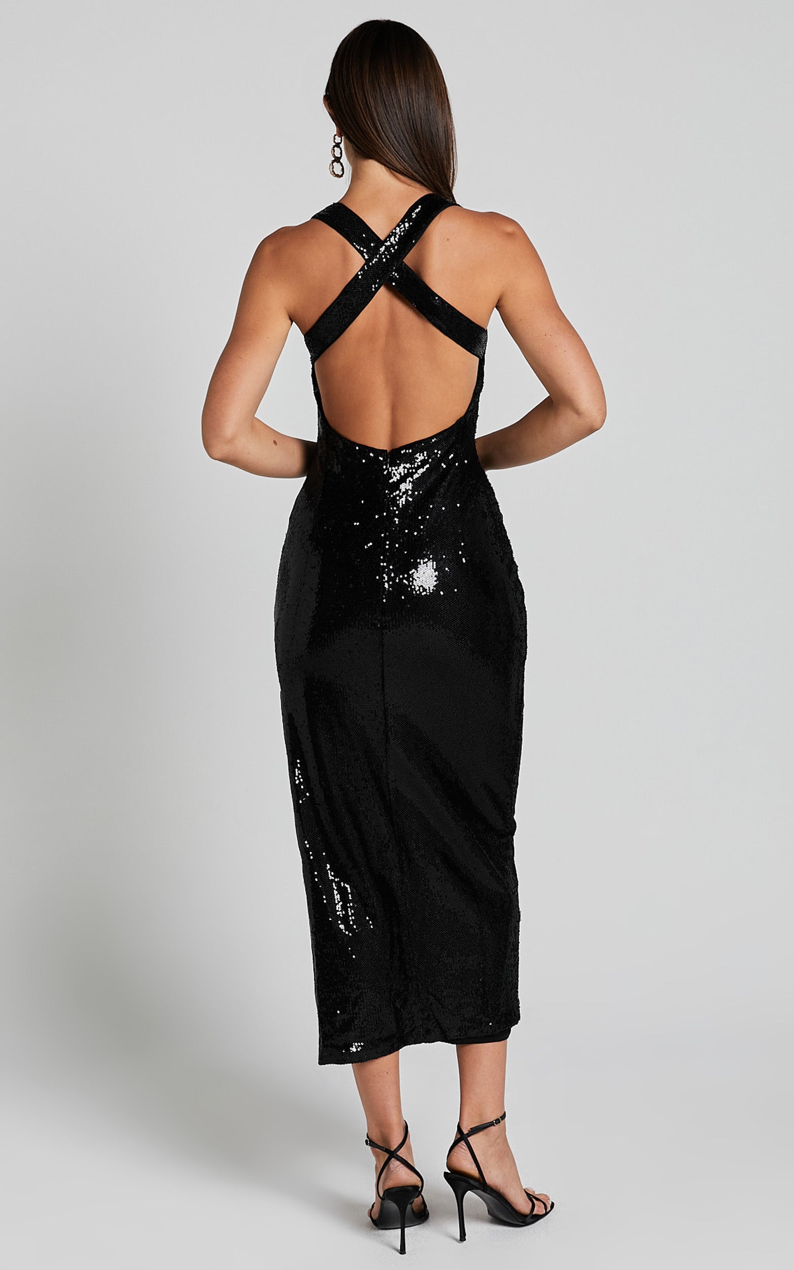 Ilena Midi Dress - Square Neck Side Split in Black