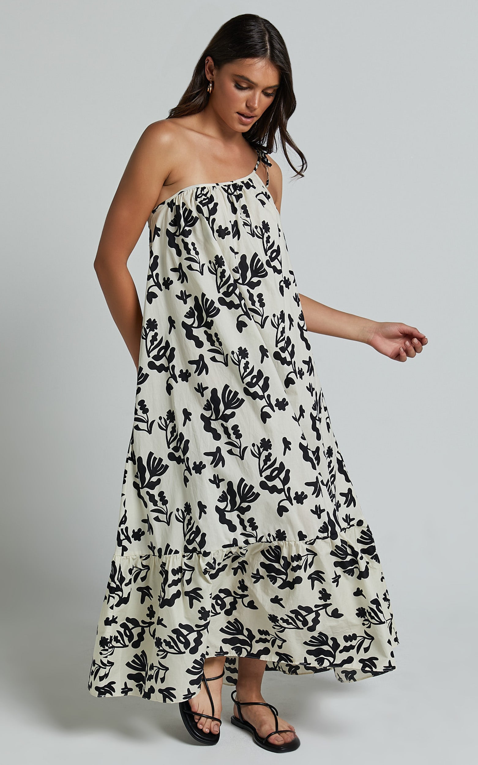 Illyana Midi Dress - Asymmetric One Shoulder Frill Hem Dress in White and Black Print