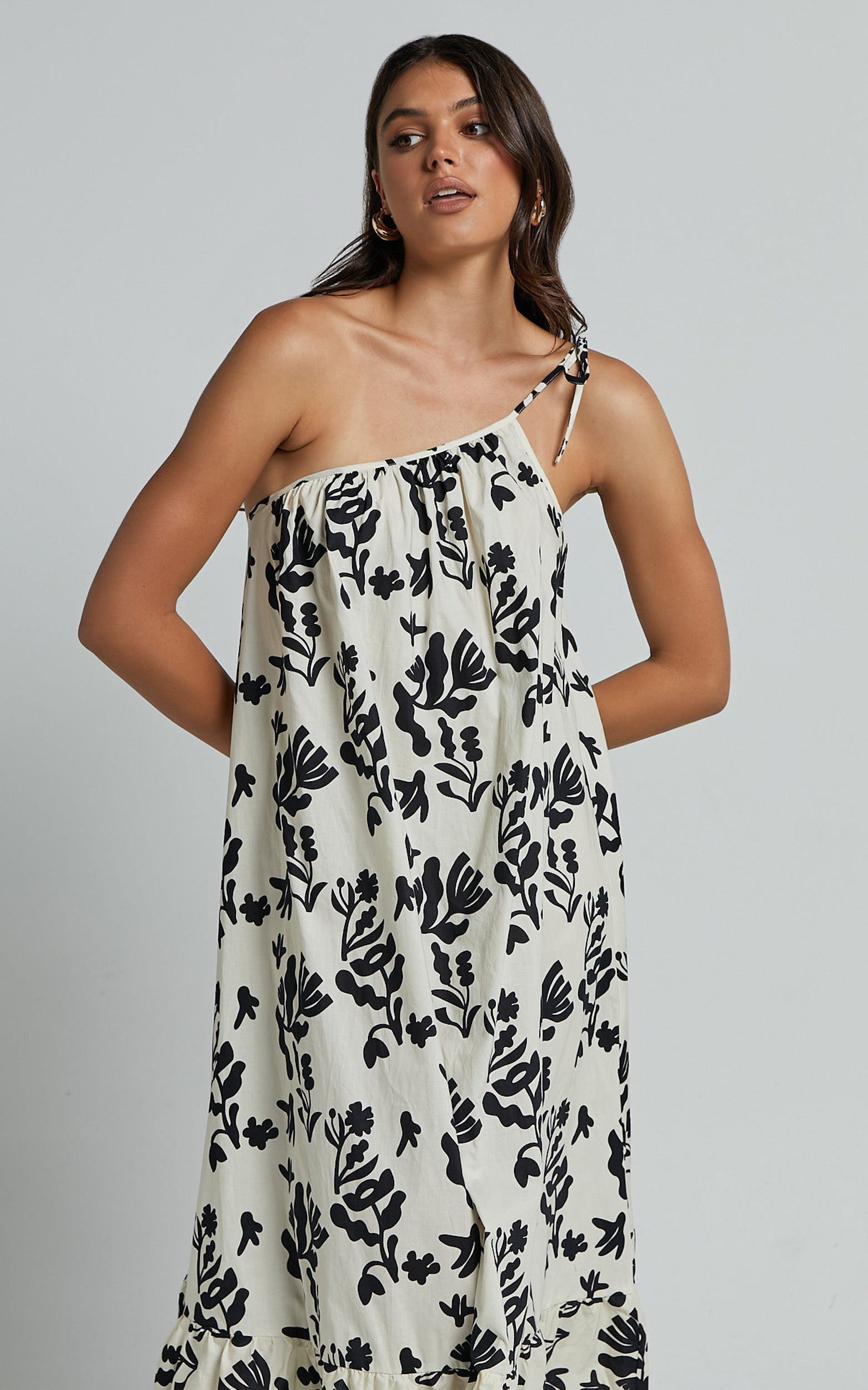 Illyana Midi Dress - Asymmetric One Shoulder Frill Hem Dress in White and Black Print