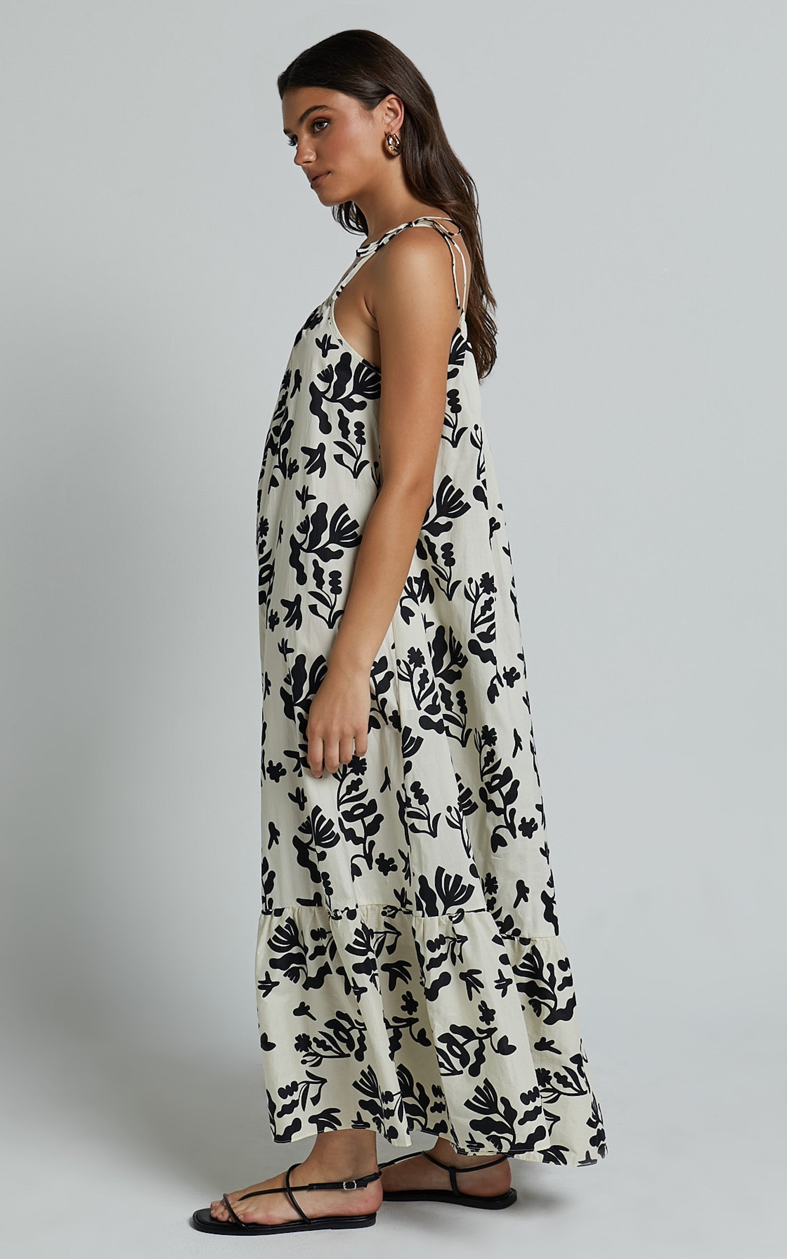 Illyana Midi Dress - Asymmetric One Shoulder Frill Hem Dress in White and Black Print