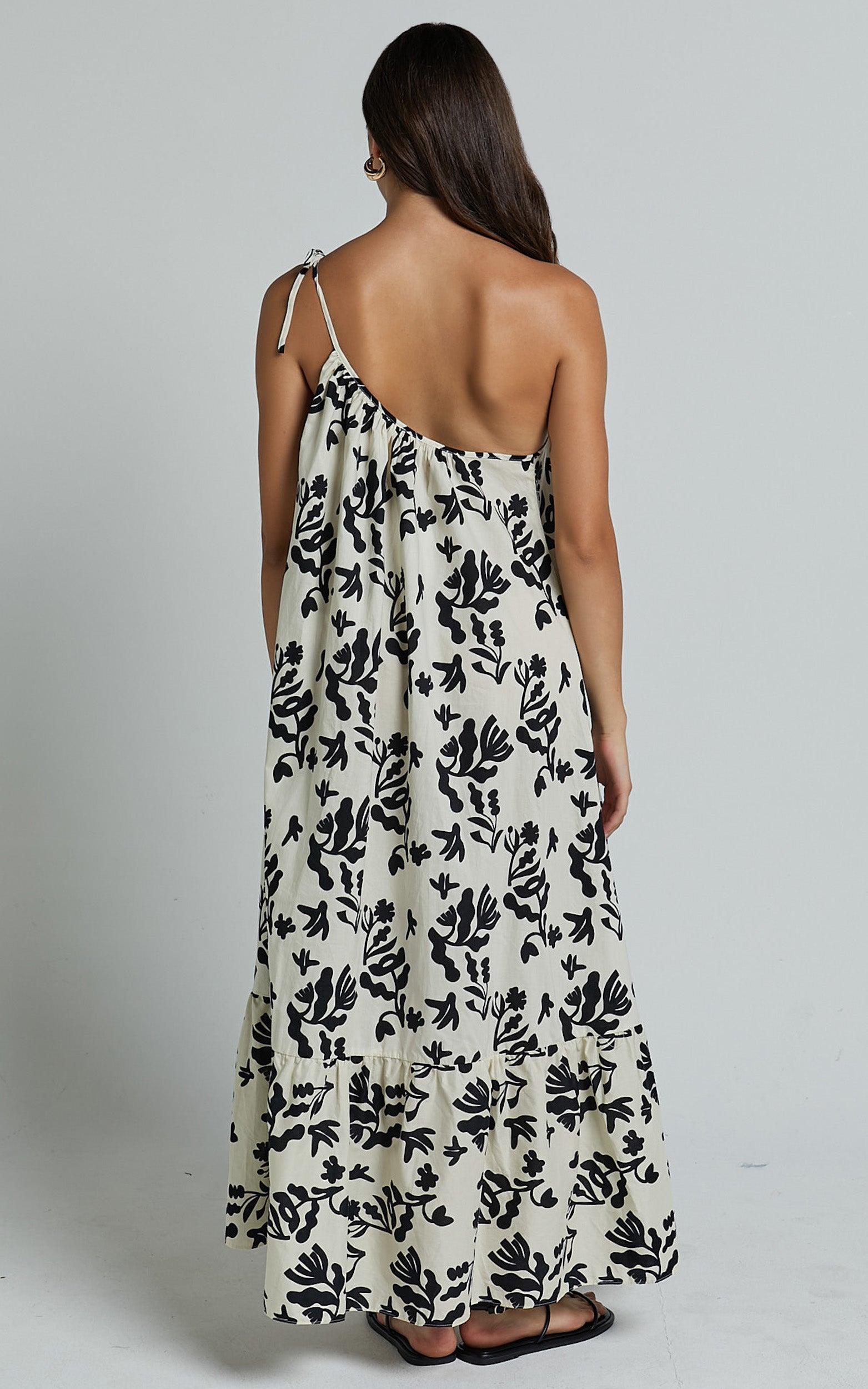 Illyana Midi Dress - Asymmetric One Shoulder Frill Hem Dress in White and Black Print