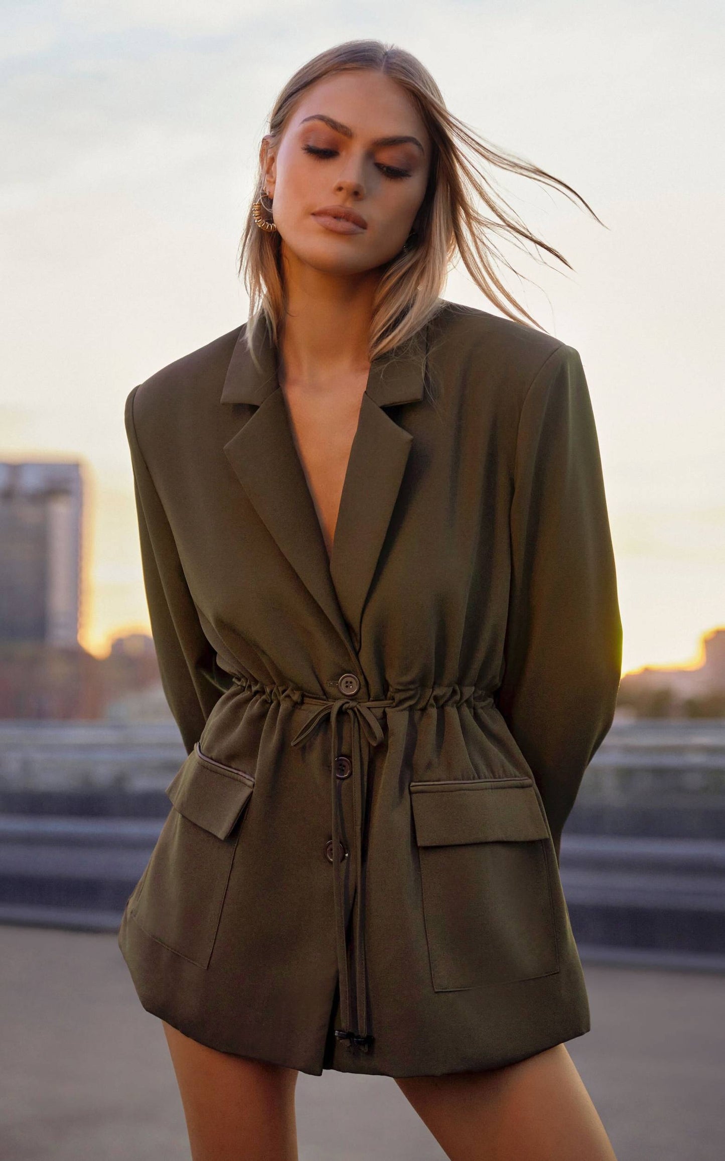 Caela Tailored Draw Cord Blazer in Khaki