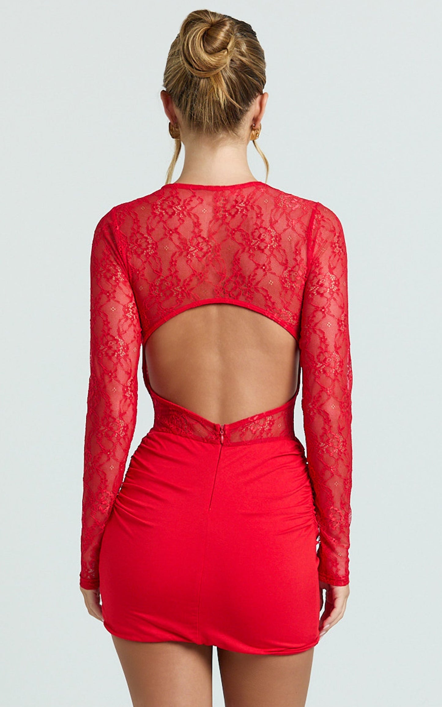 Imelda Mini Dress - Contrast Lace Long Sleeve Ruched Bodycon Dress in Red