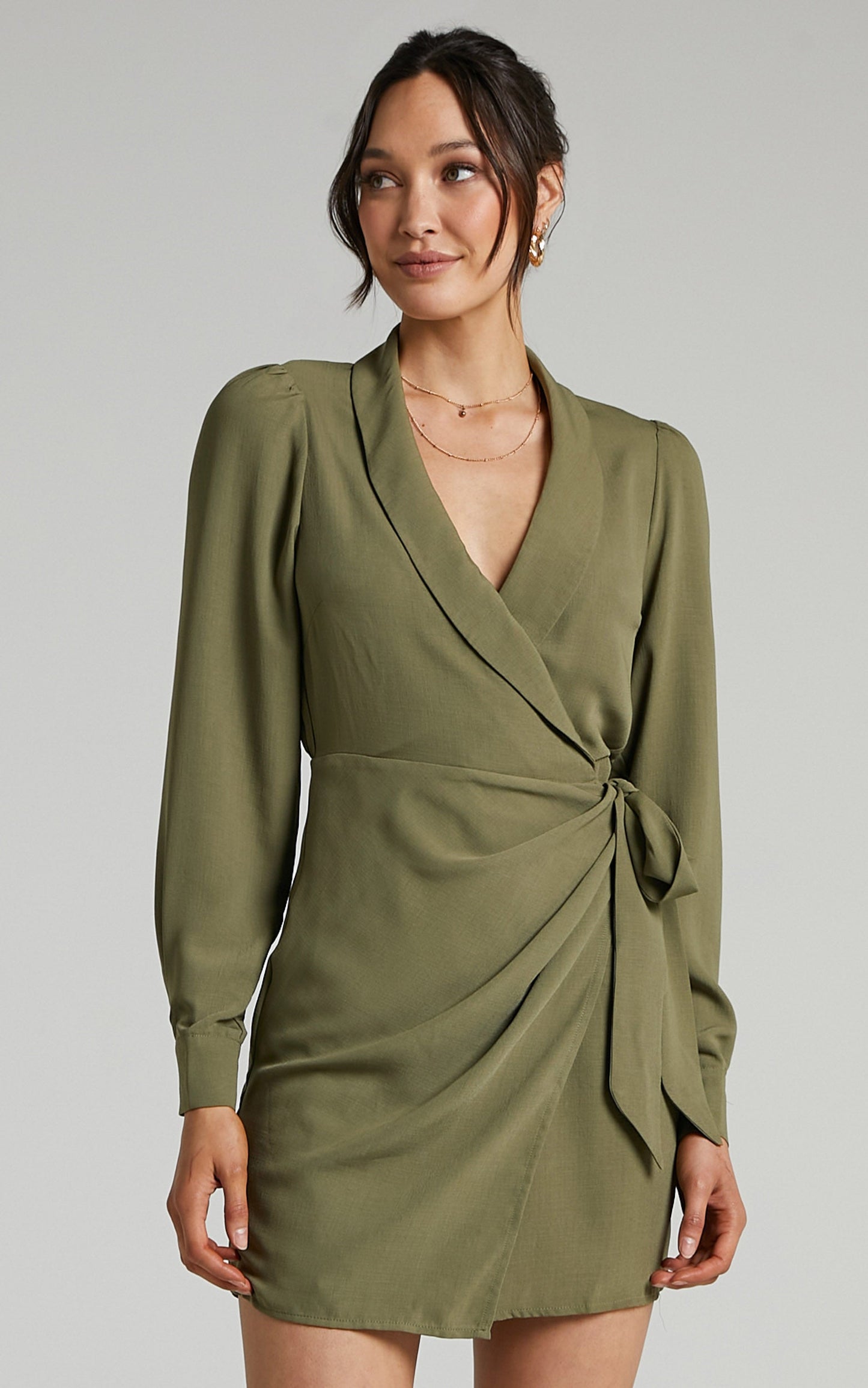 Immogen Mini Dress - Fixed Wrap Dress in Khaki