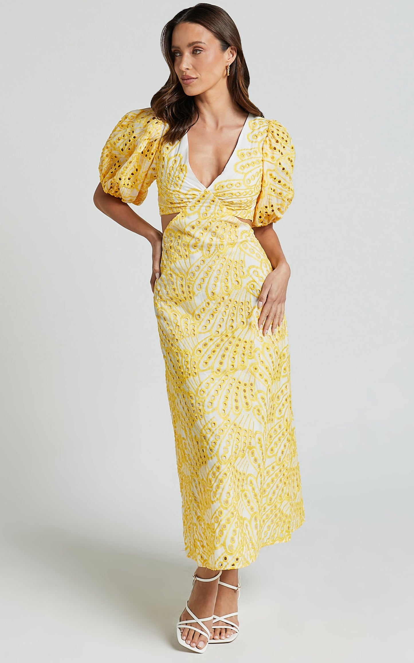 Imogen Midi Dress - Plunge Neck Puff Sleeve Side Cut Out Dress in White and Yellow