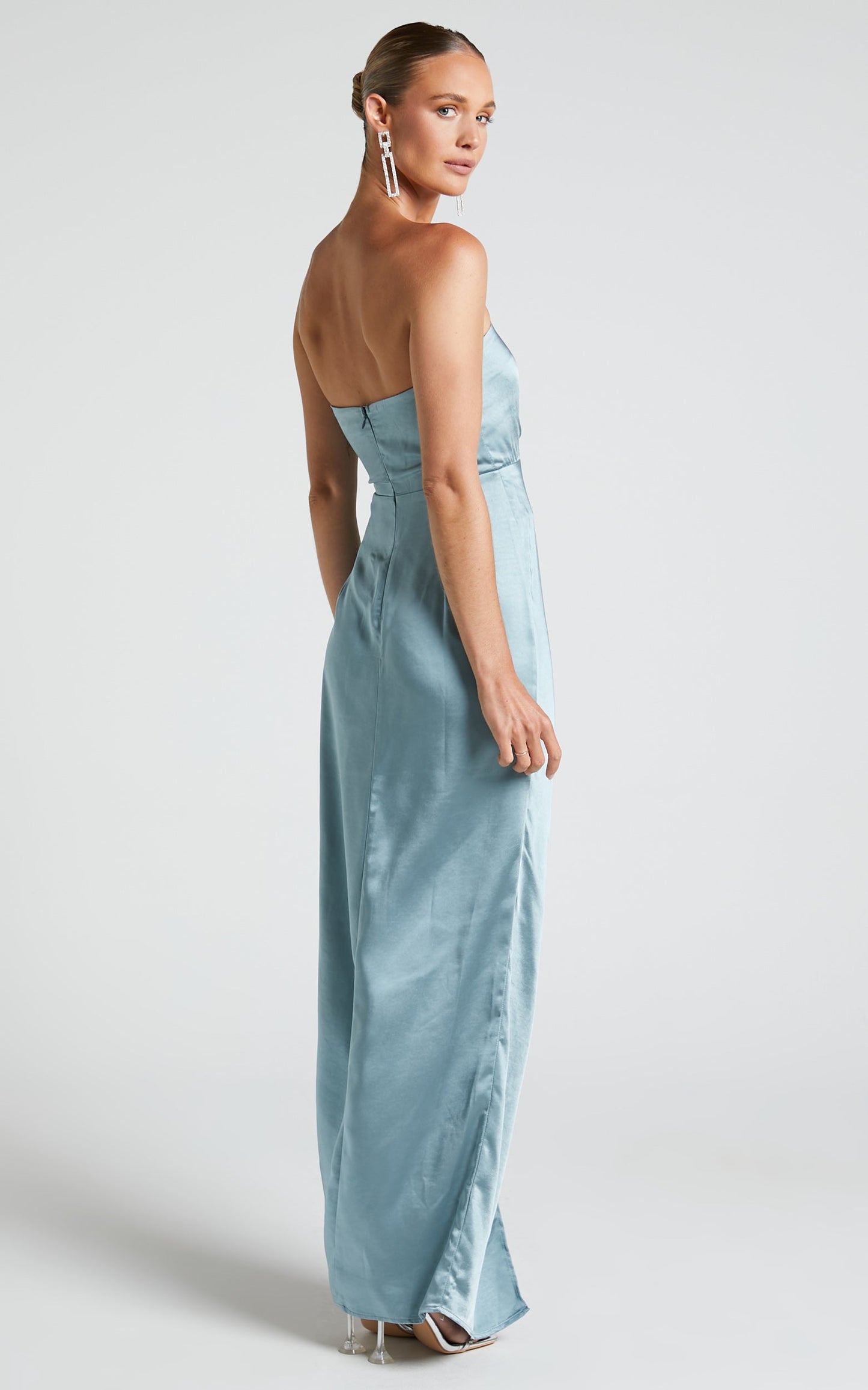 Indah Maxi Linen Blend Dress - Gathered Thigh Split Strapless Dress in Sage