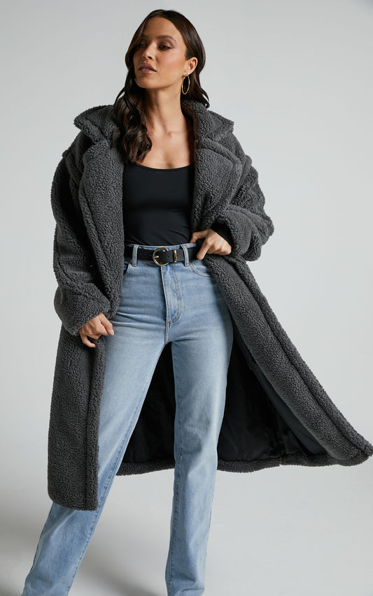 Indianna Coat - Longline Teddy Coat in Charcoal