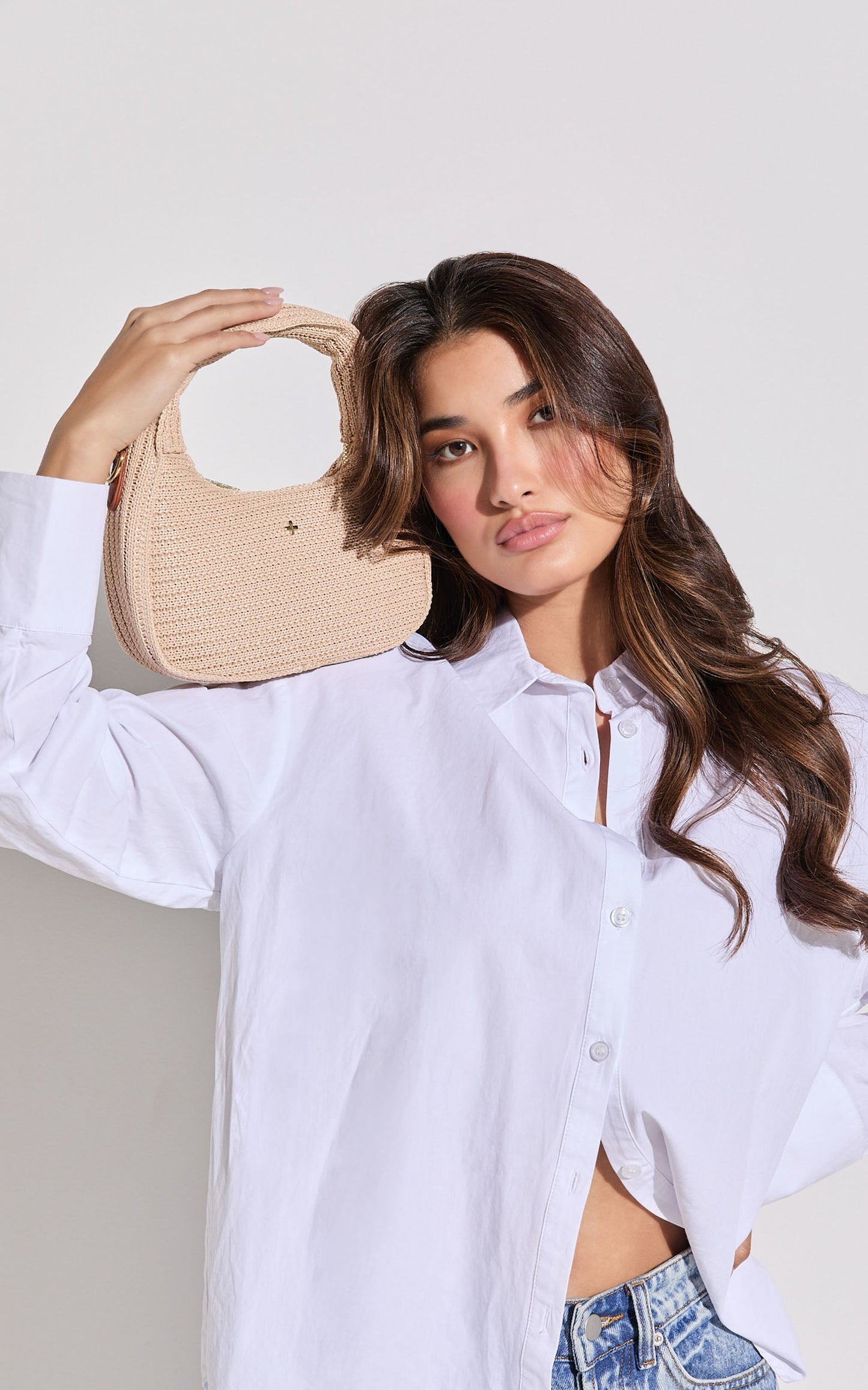 Indigo Shoulder Bag in Sand Faux Raffia