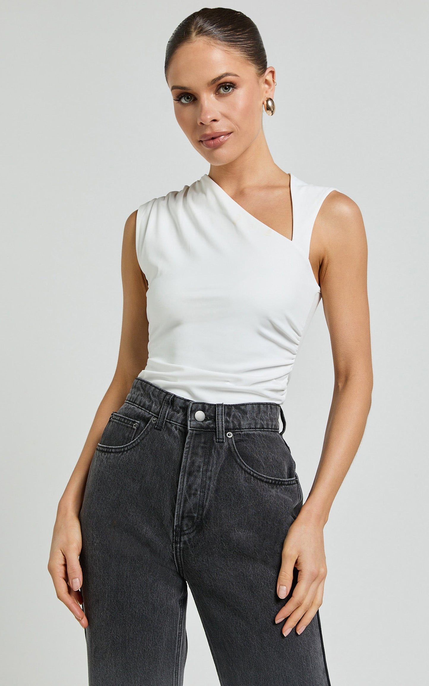 Inessa Top - Sleeveless Asymmetrical Neck Top in Off White