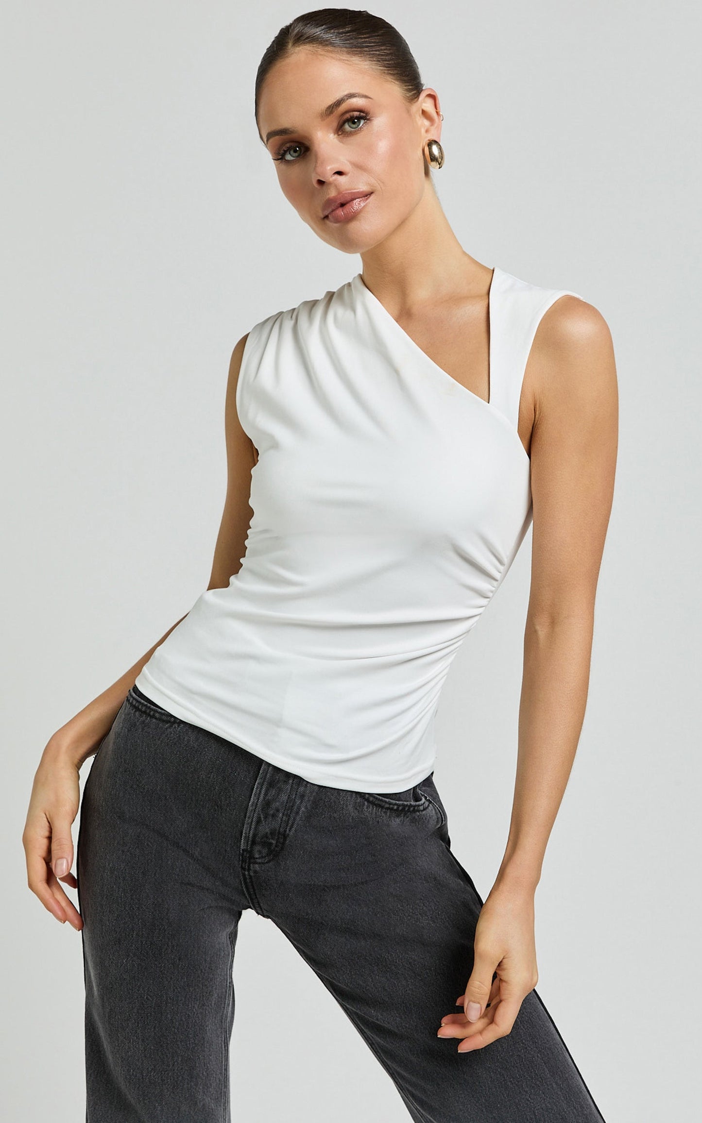 Inessa Top - Sleeveless Asymmetrical Neck Top in Off White