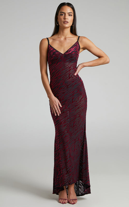Inez Maxi Dress - Backless Mermaid Dress in Maroon Zebra