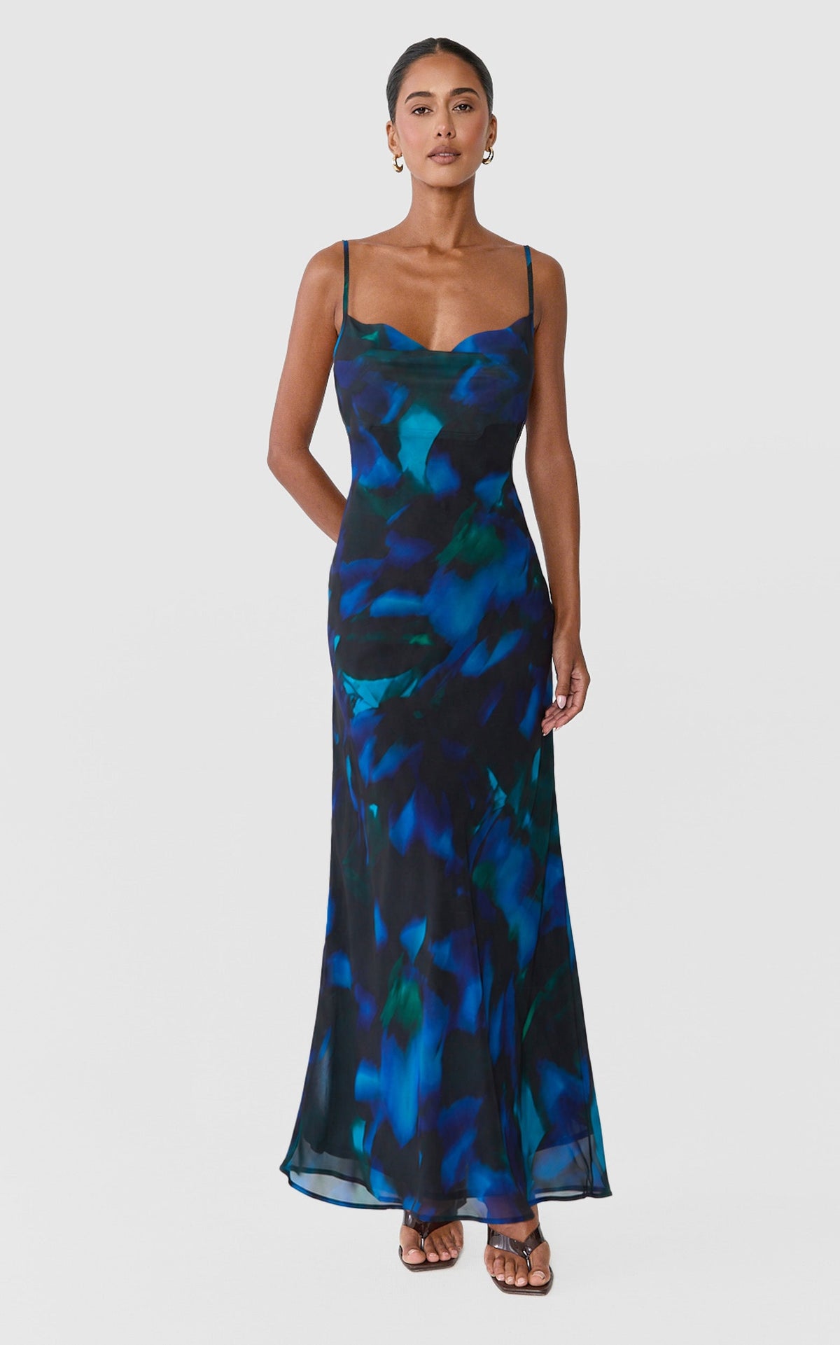 Iris Maxi Dress - Cowl Neck Low Back Slip Dress in Blue Hyper Tropical Print