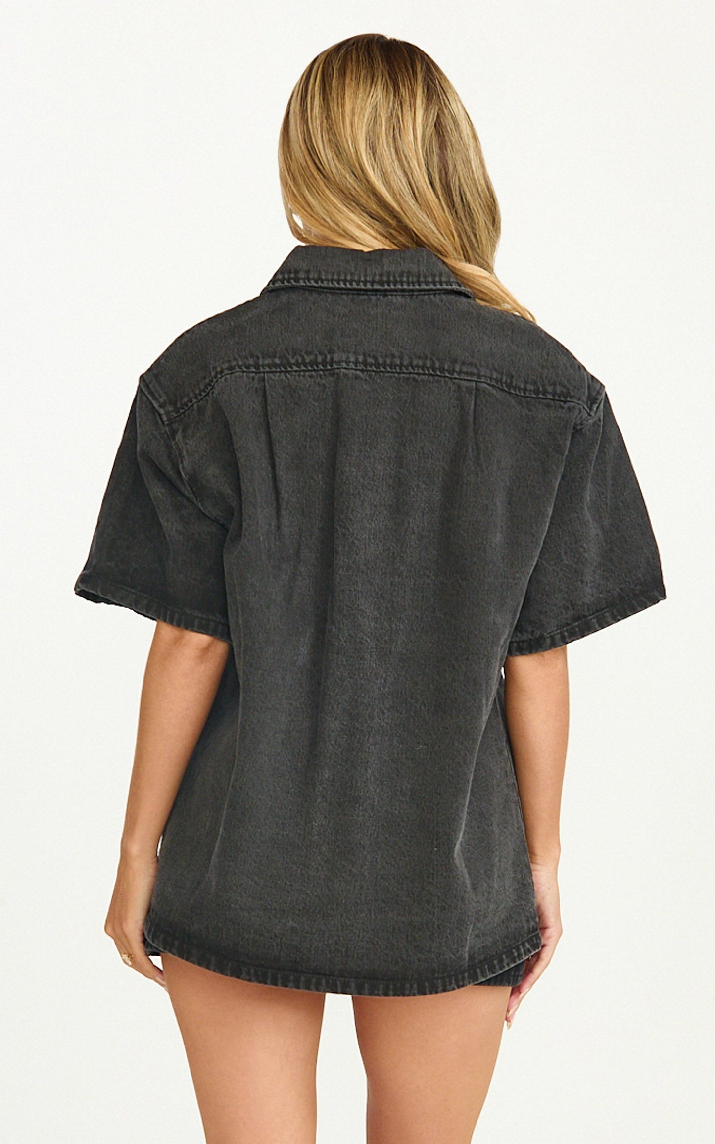 Iris Top - Oversized Recycled Denim Hardware Detail Short Sleeve Shirt in Black