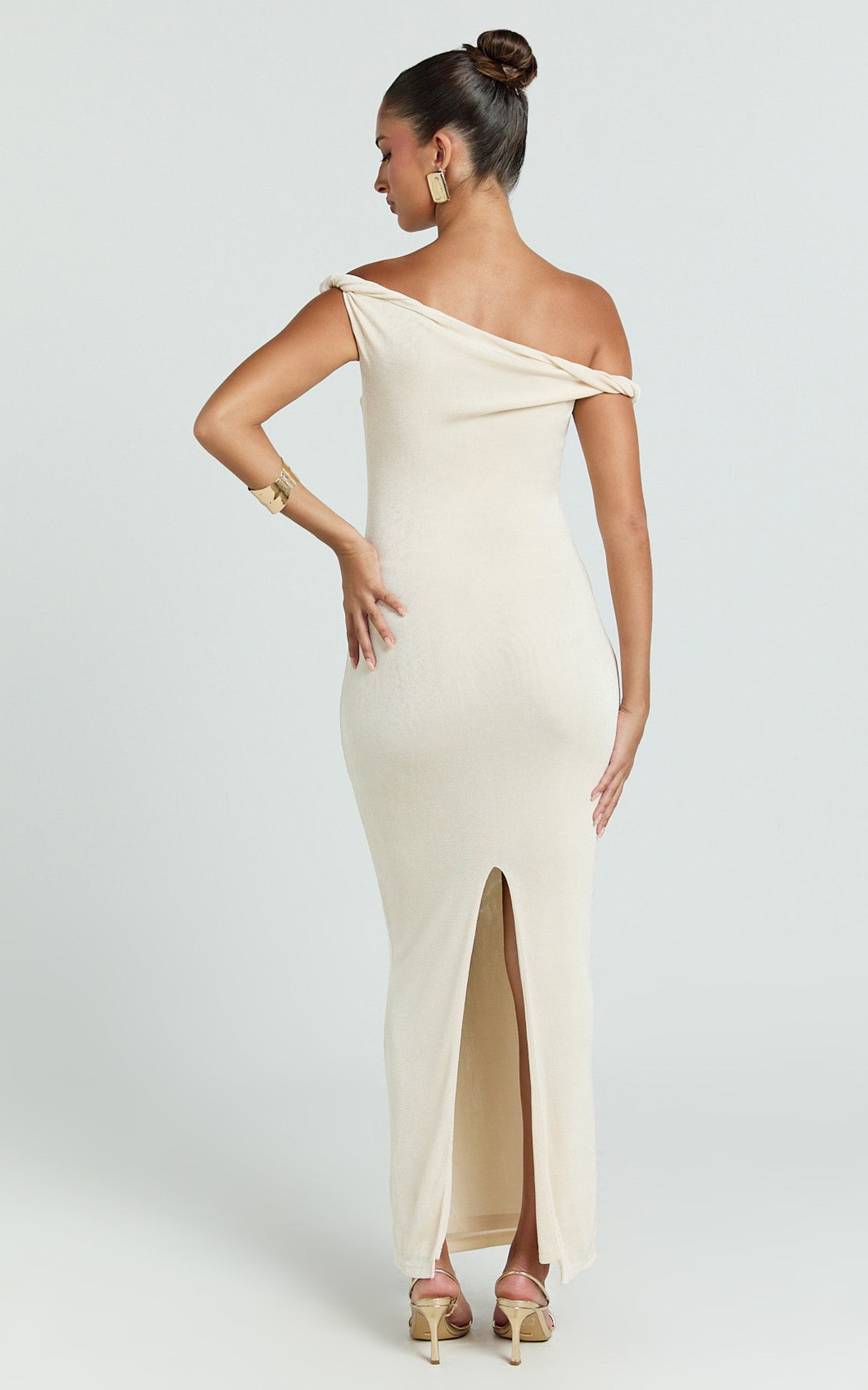 Isabel Midi Dress - Twist Off Shoulder Bodycon Dress in Cream