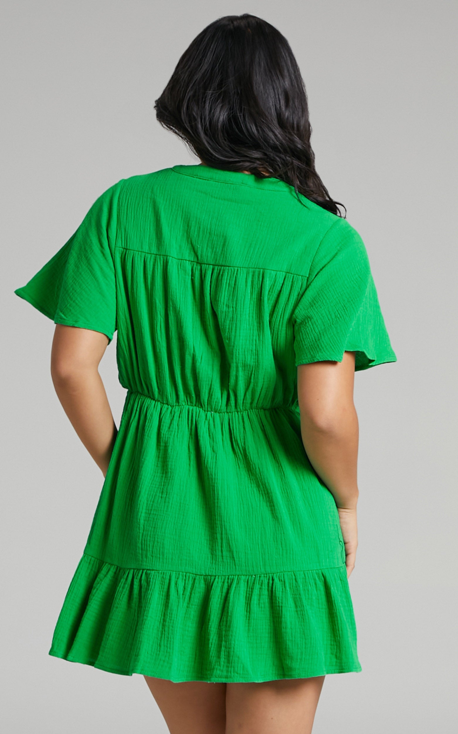 Isabella Button Up Flutter Sleeves Mini Dress in Green