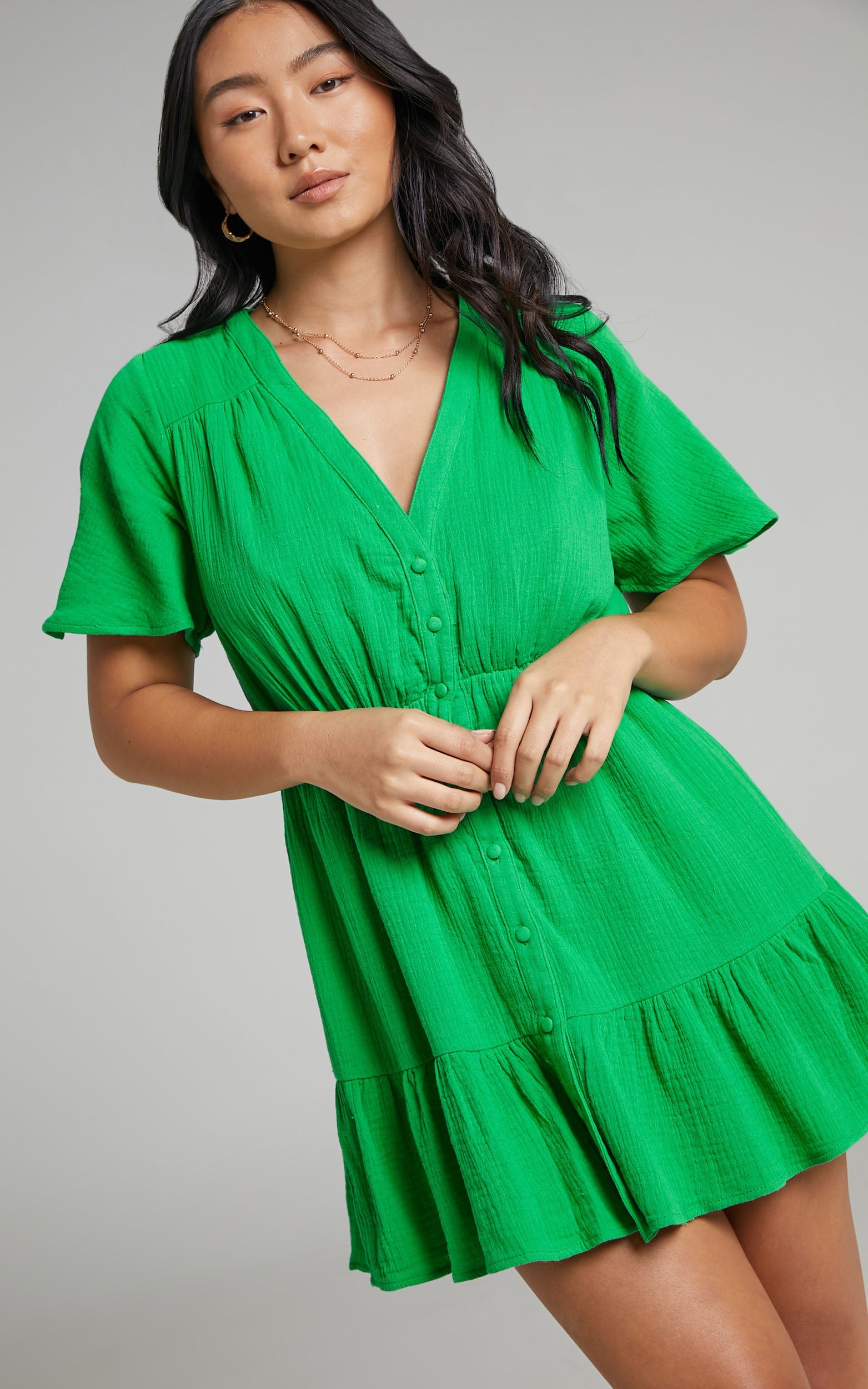 Isabella Button Up Flutter Sleeves Mini Dress in Green