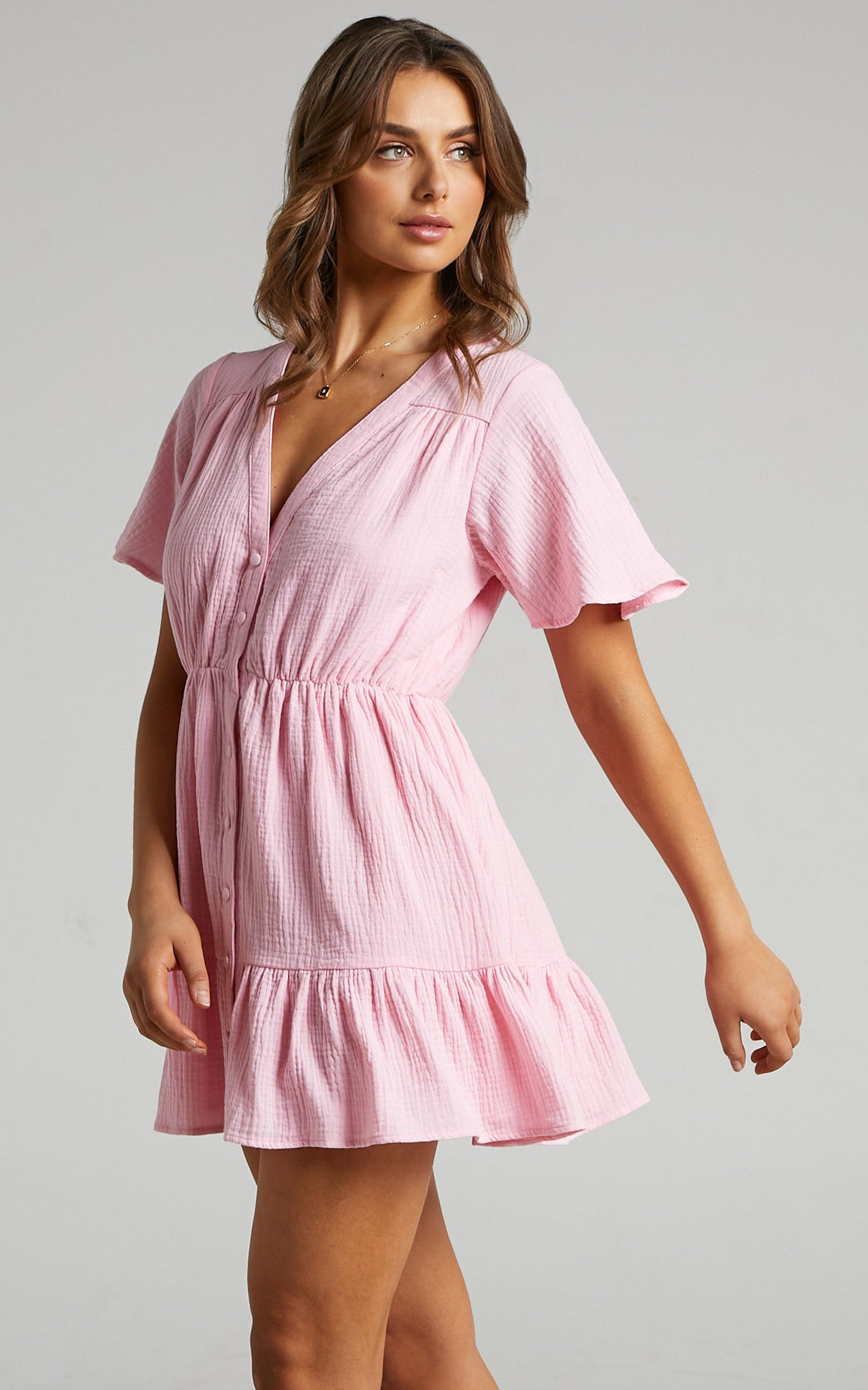 Isabella Button Up Flutter Sleeves Mini Dress in Pink