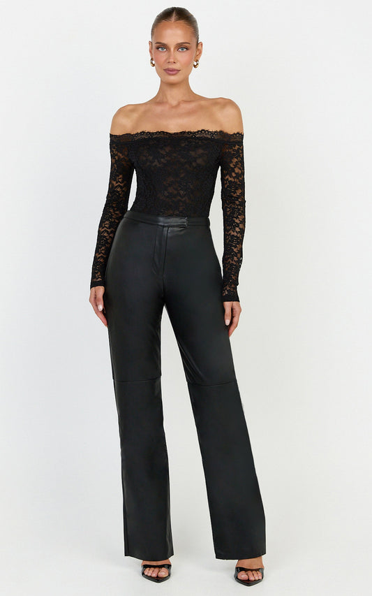 Isabelle Bodysuit - Off Shoulder Long Sleeve Lace Bodysuit in Black