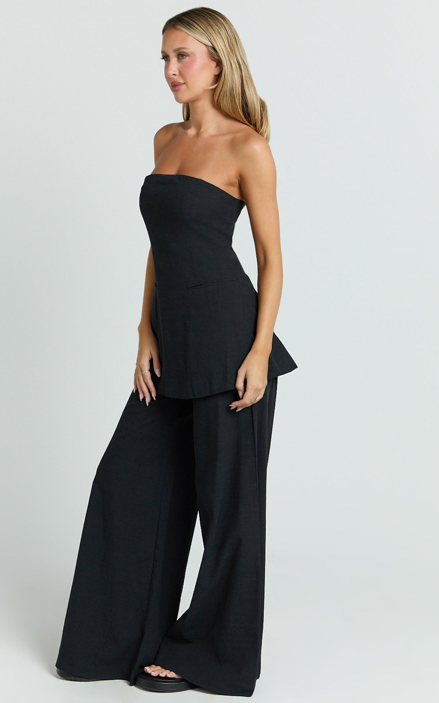 Isadora Two Piece Top and Pants Set - Strapless Longline Top and Wide Leg Pants Set in Black
