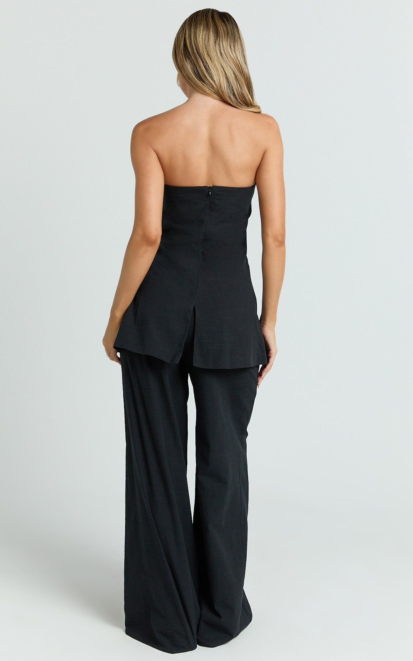 Isadora Two Piece Top and Pants Set - Strapless Longline Top and Wide Leg Pants Set in Black