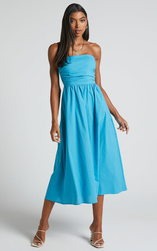 Isidora Midi Dress - Strapless Gathered Bust Dress in Blue
