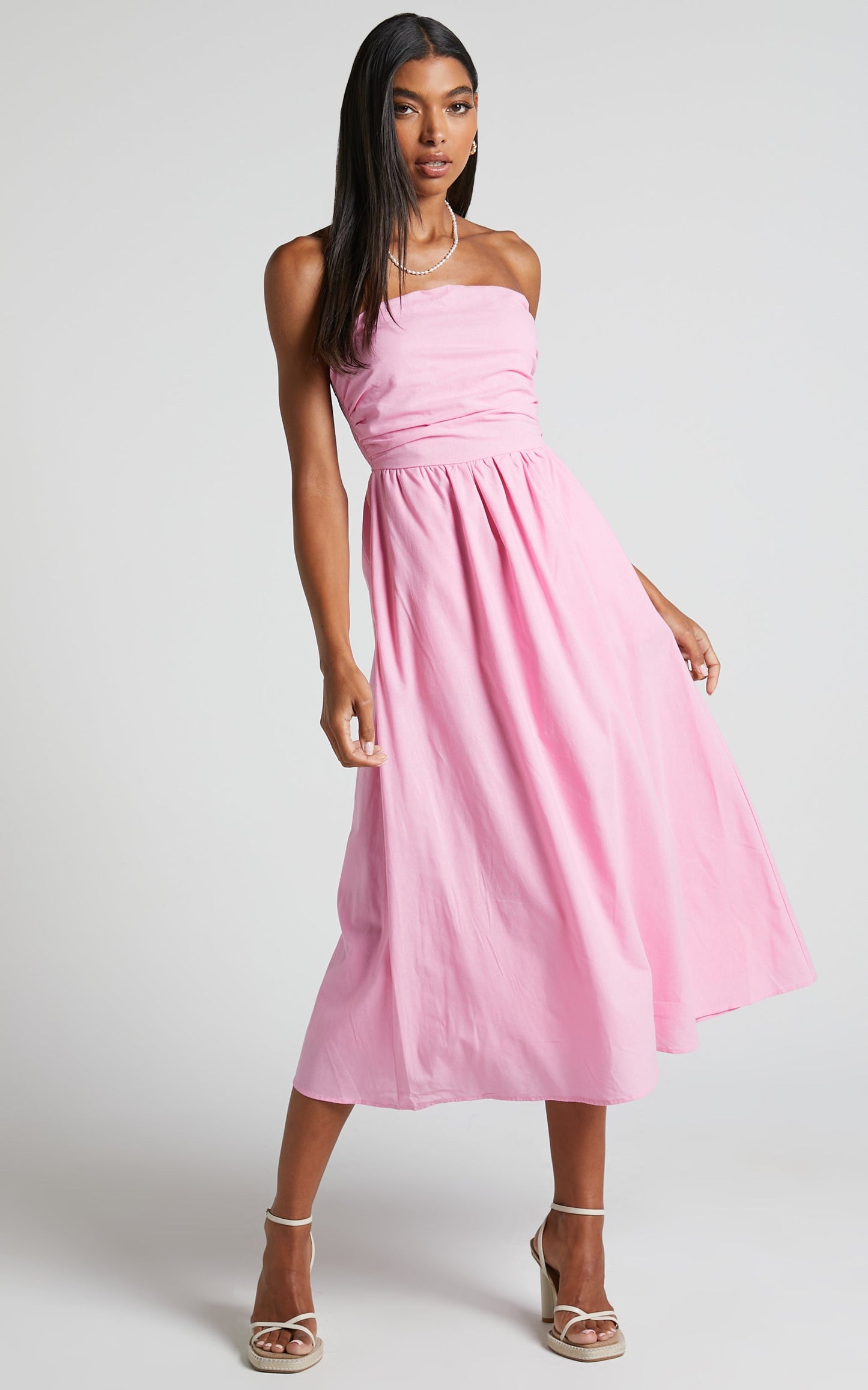 Isidora Midi Dress - Strapless Gathered Bust Dress in Candy Pink