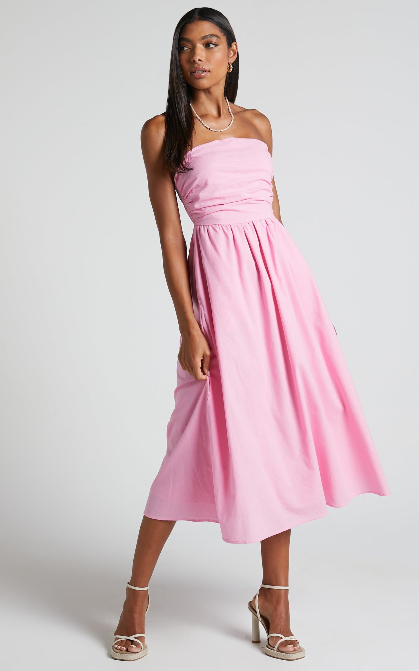 Isidora Midi Dress - Strapless Gathered Bust Dress in Candy Pink