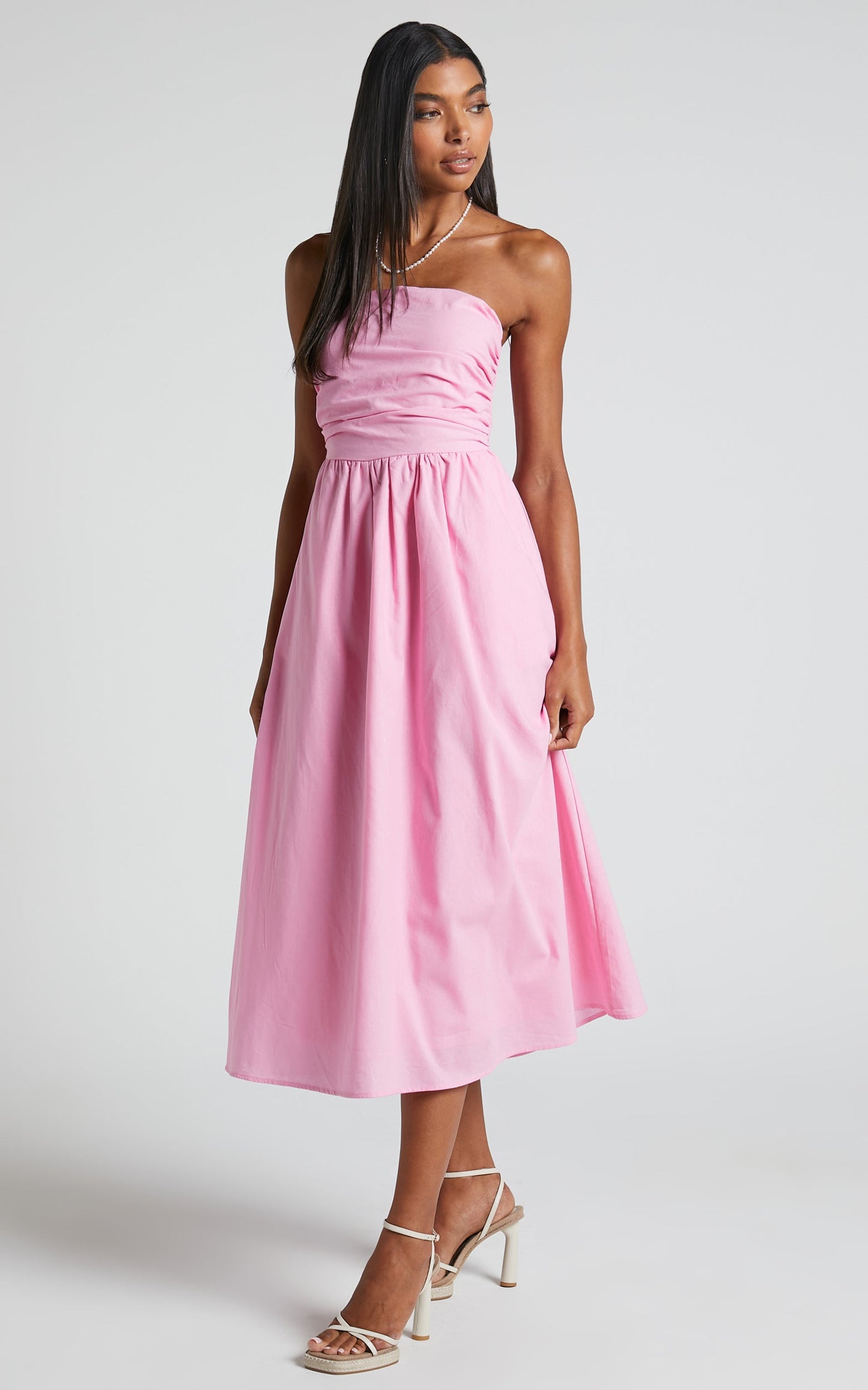 Isidora Midi Dress - Strapless Gathered Bust Dress in Candy Pink