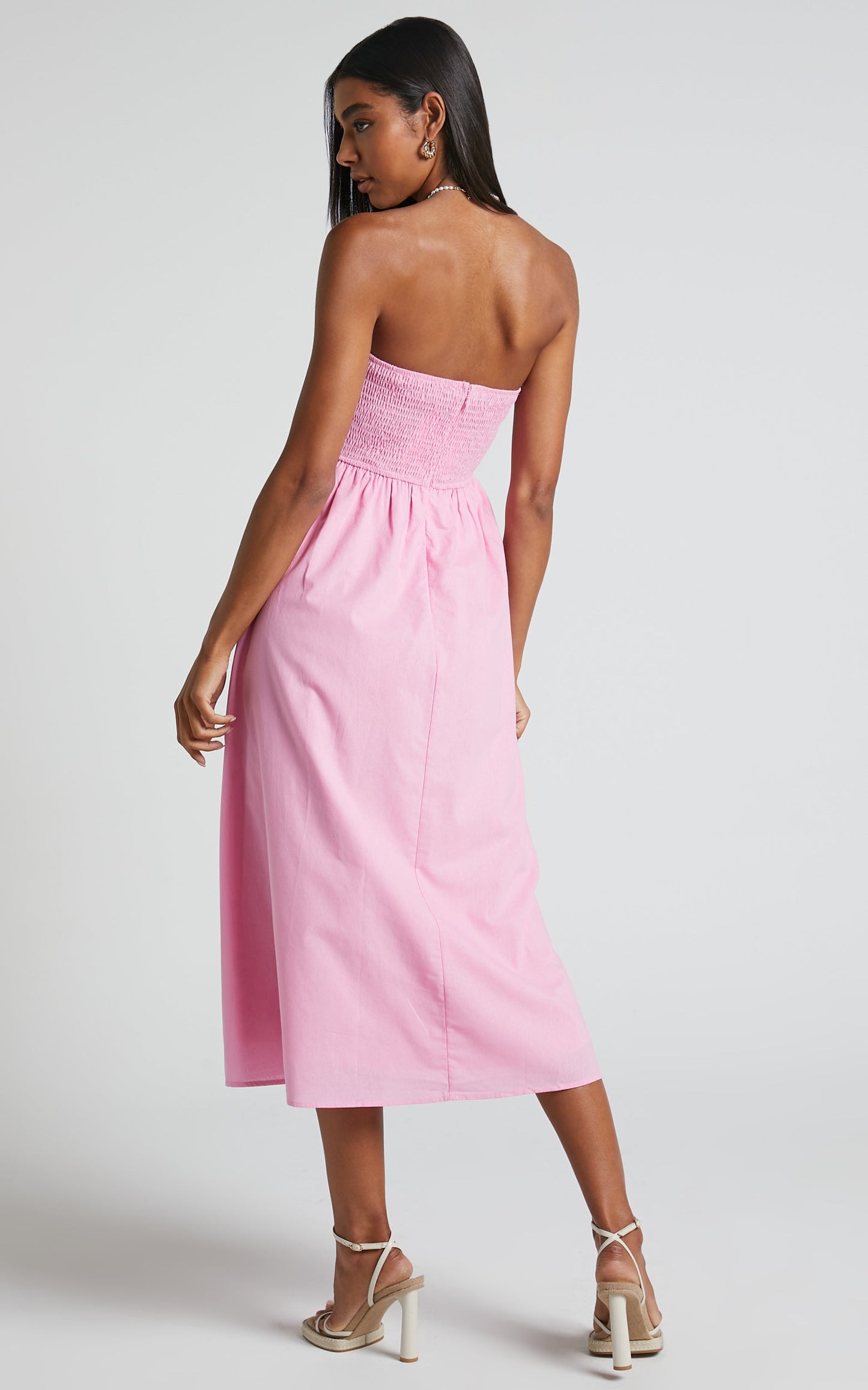 Isidora Midi Dress - Strapless Gathered Bust Dress in Candy Pink