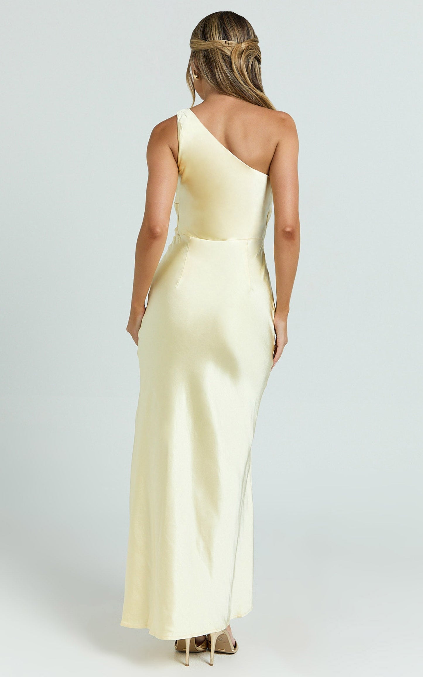 Isla Maxi Dress - Satin One Shoulder Side Split Dress in Lemon