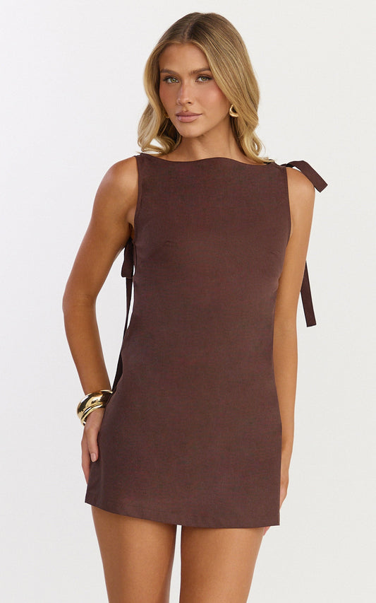 Isla Mini Dress - Sleeveless Bow Back Mini Dress in Dark Chocolate