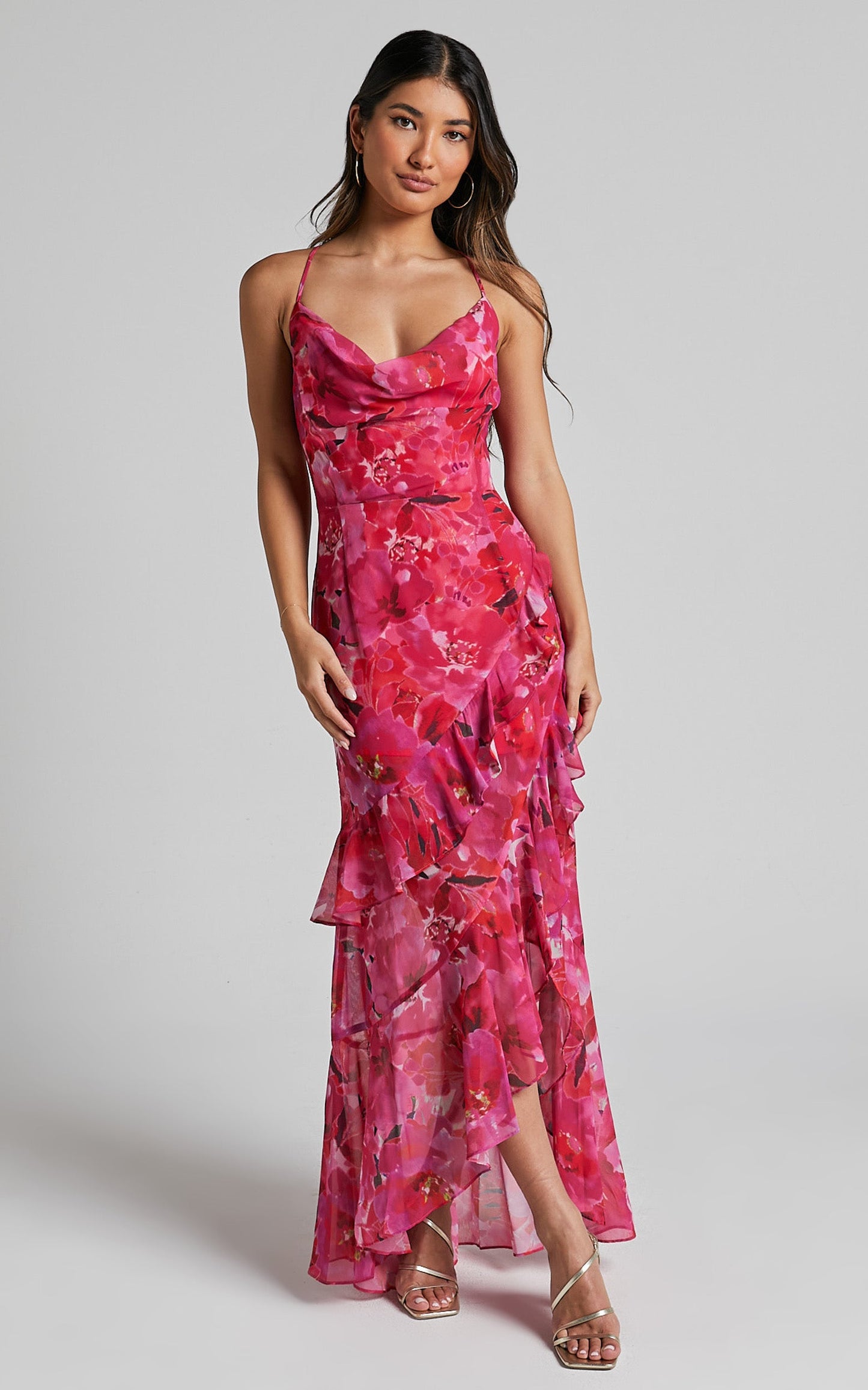 Isobella Midi Dress - Cowl Neck Cross Tie Back Asymmetrical Frill Detail in Pink