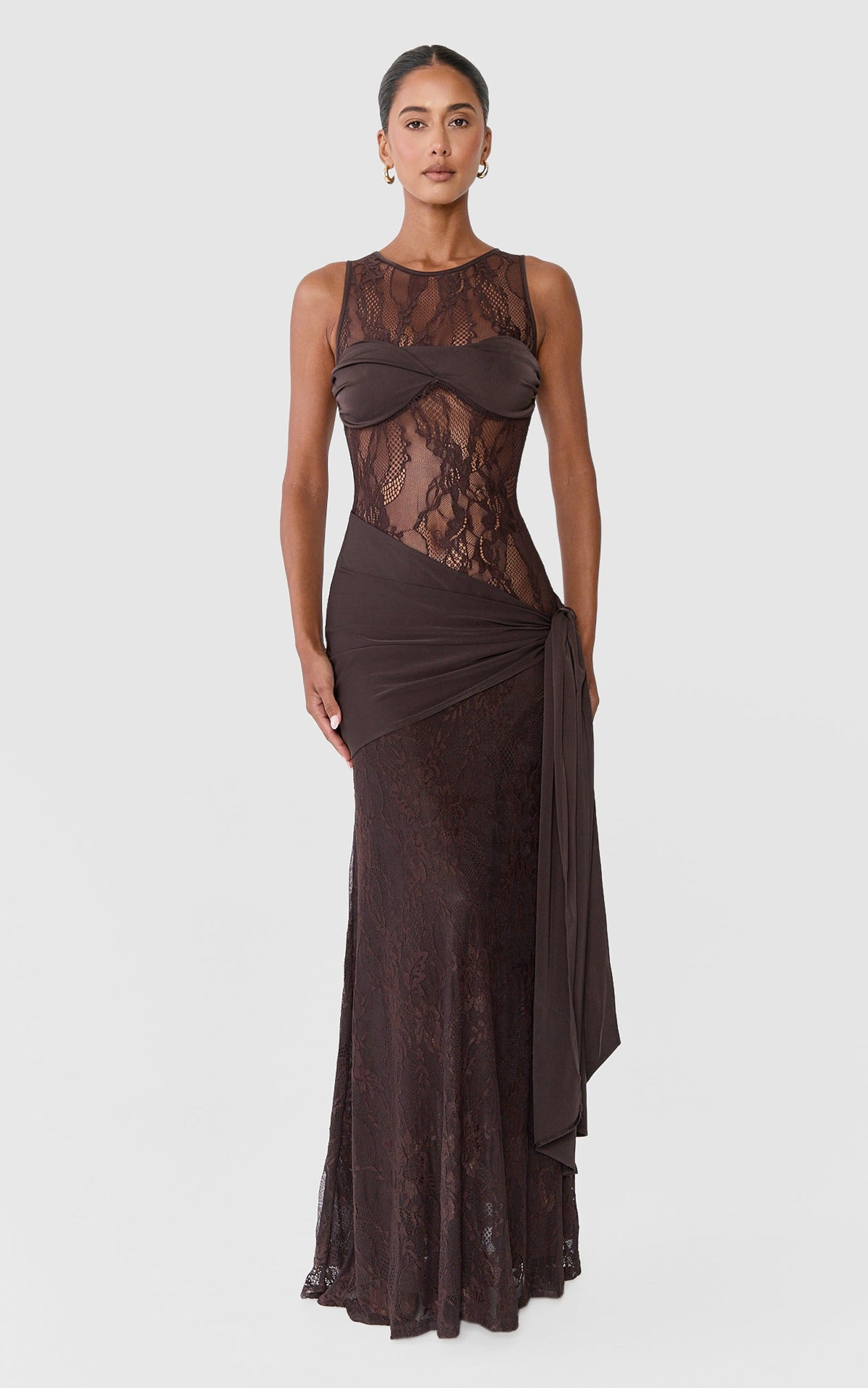 Isolde Maxi Dress - Sleeveless Lace Contrast Bust And Draped Skirt Dress in Chocolate