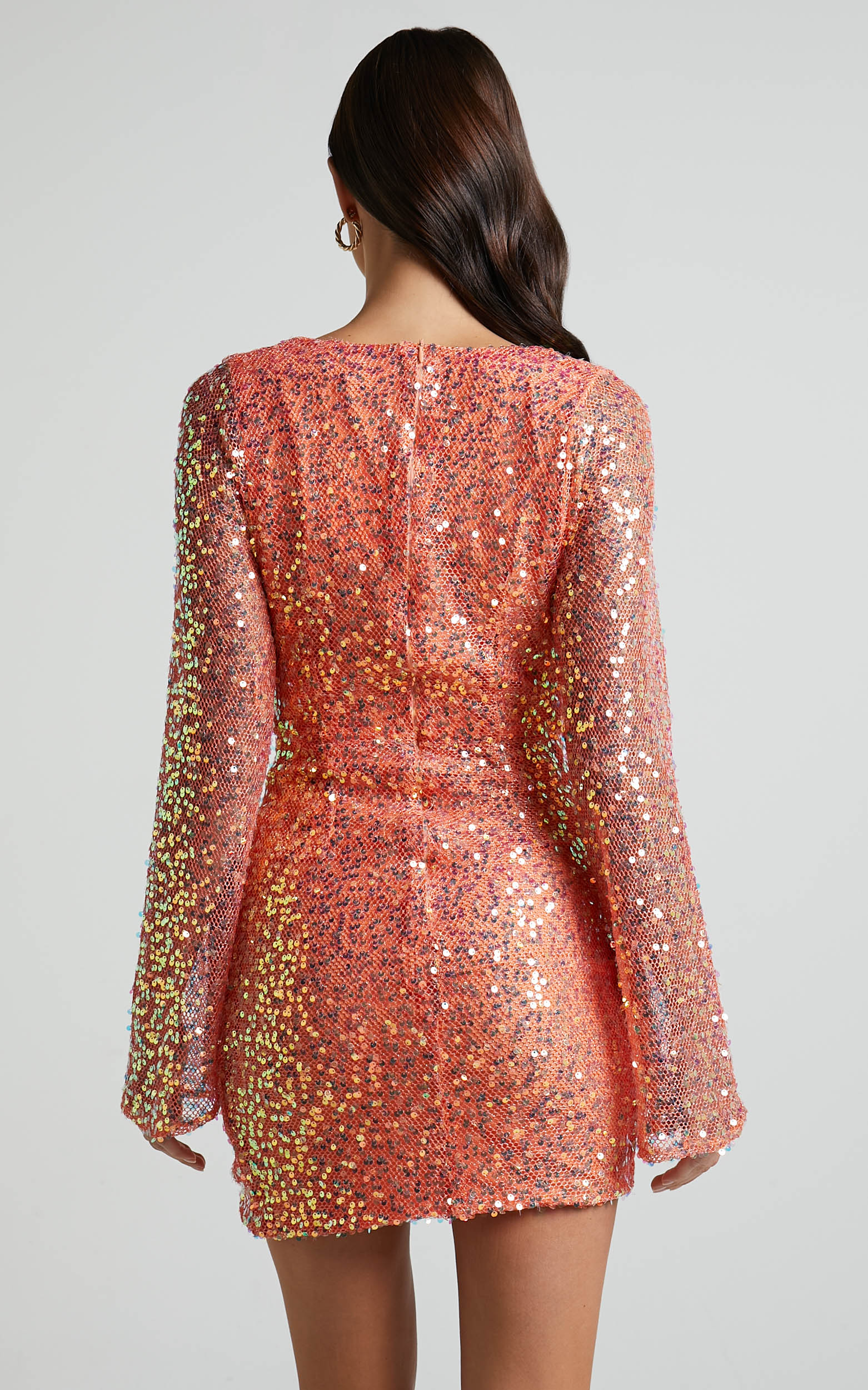 Ivangeline Mini Dress - Cowl Neck Bodycon Long Sleeve Sequin Dress in Orange