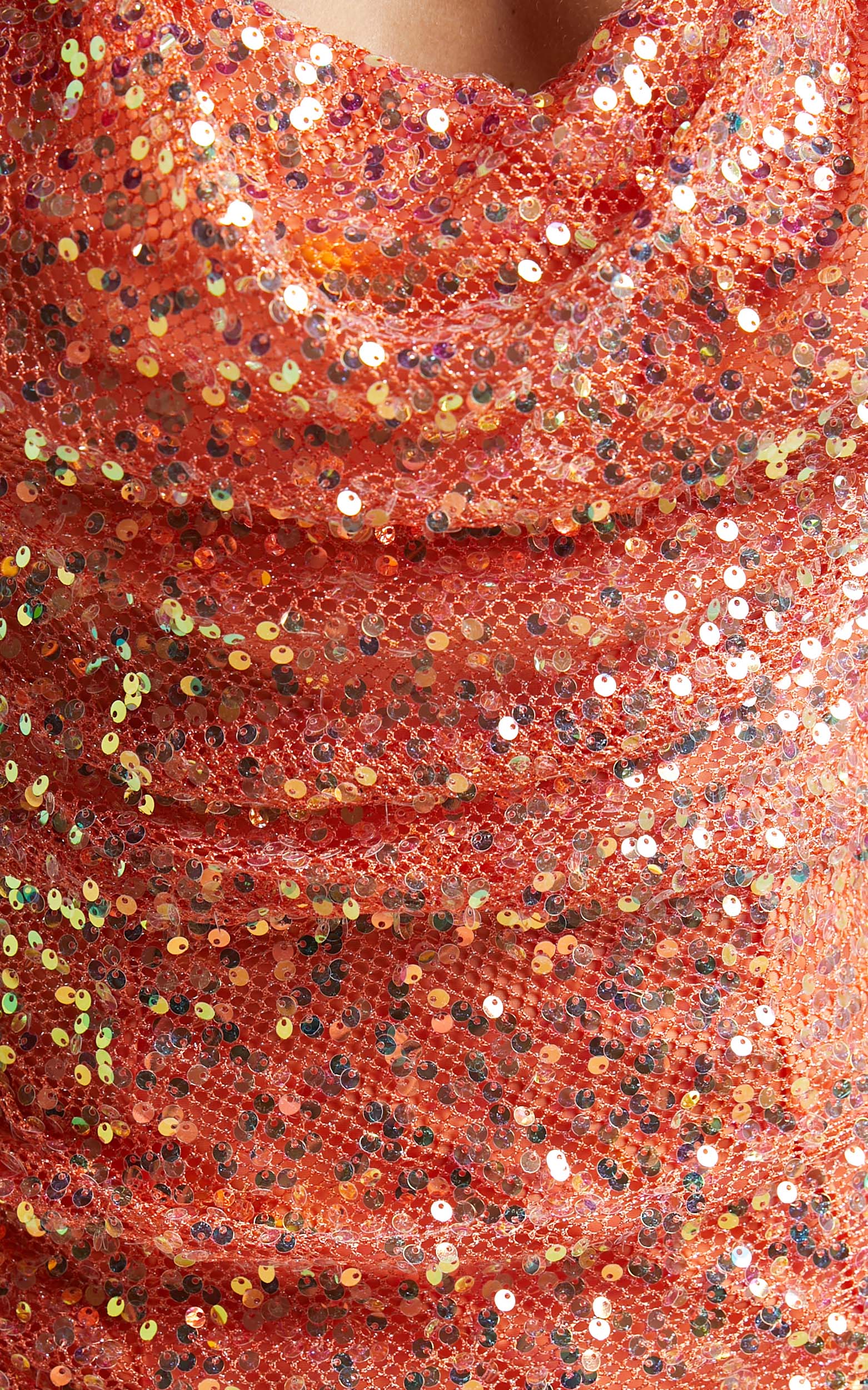 Ivangeline Mini Dress - Cowl Neck Bodycon Long Sleeve Sequin Dress in Orange