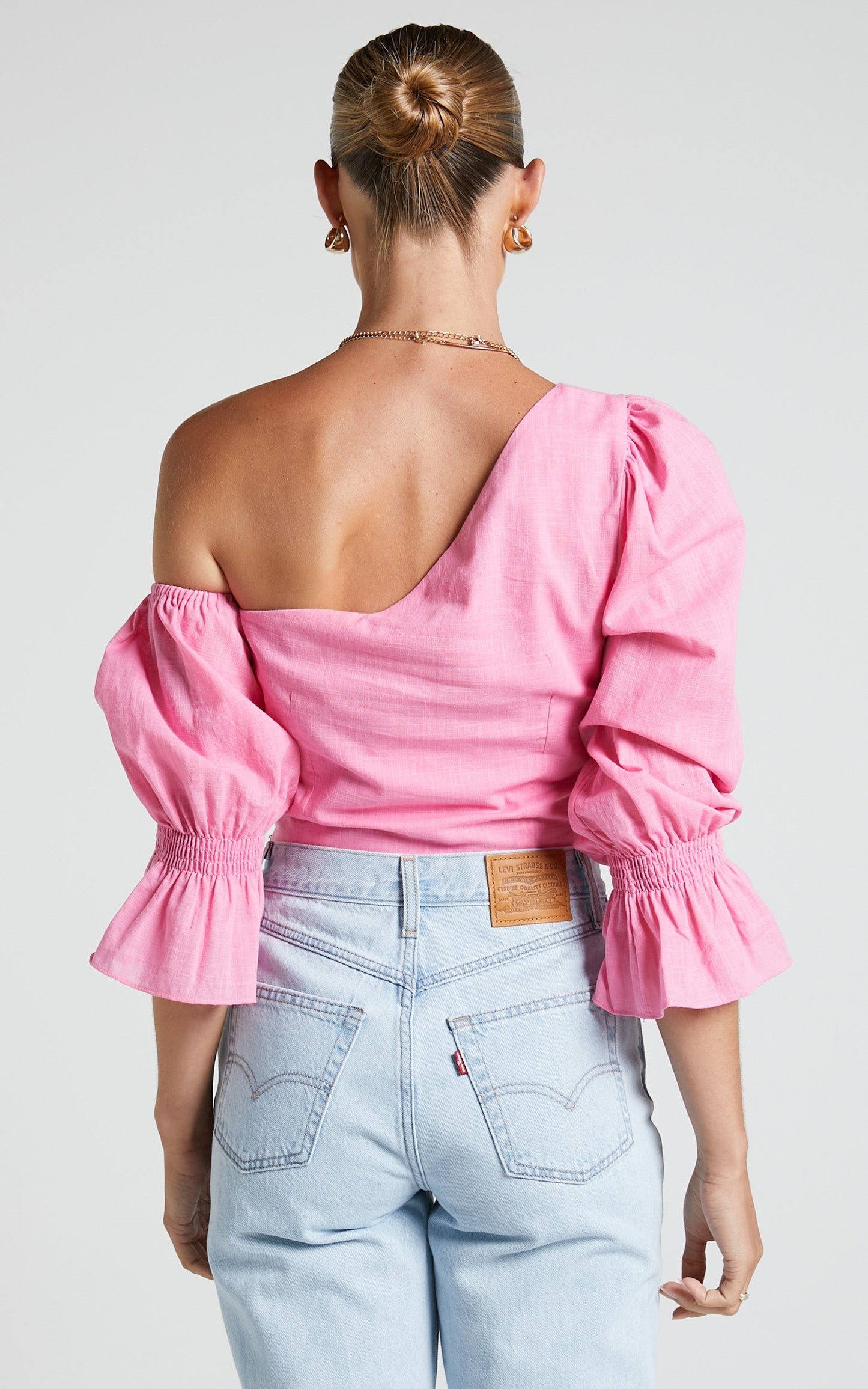 Iveta Top - Off One Shoulder Frill Puff Sleeve Top in Pink