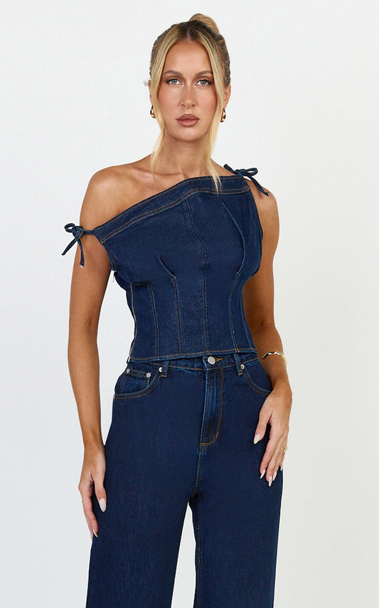 Ivy Top - Asymmetrical Neckline Tie Detail Stretch Denim Top in Dark Blue Wash