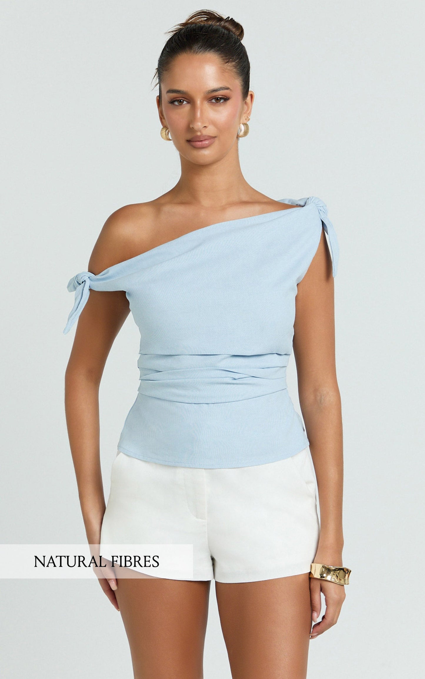 Ivy Top - Linen Off Shoulder Tie Top in Pale Blue
