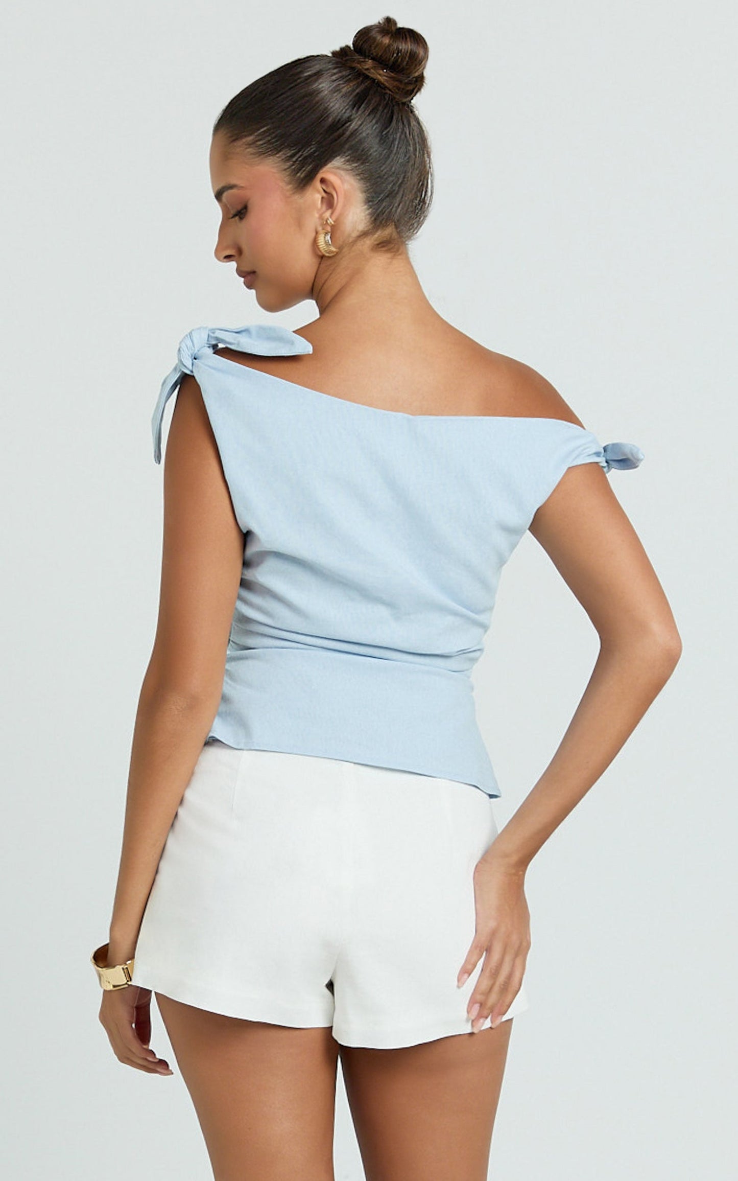 Ivy Top - Linen Off Shoulder Tie Top in Pale Blue