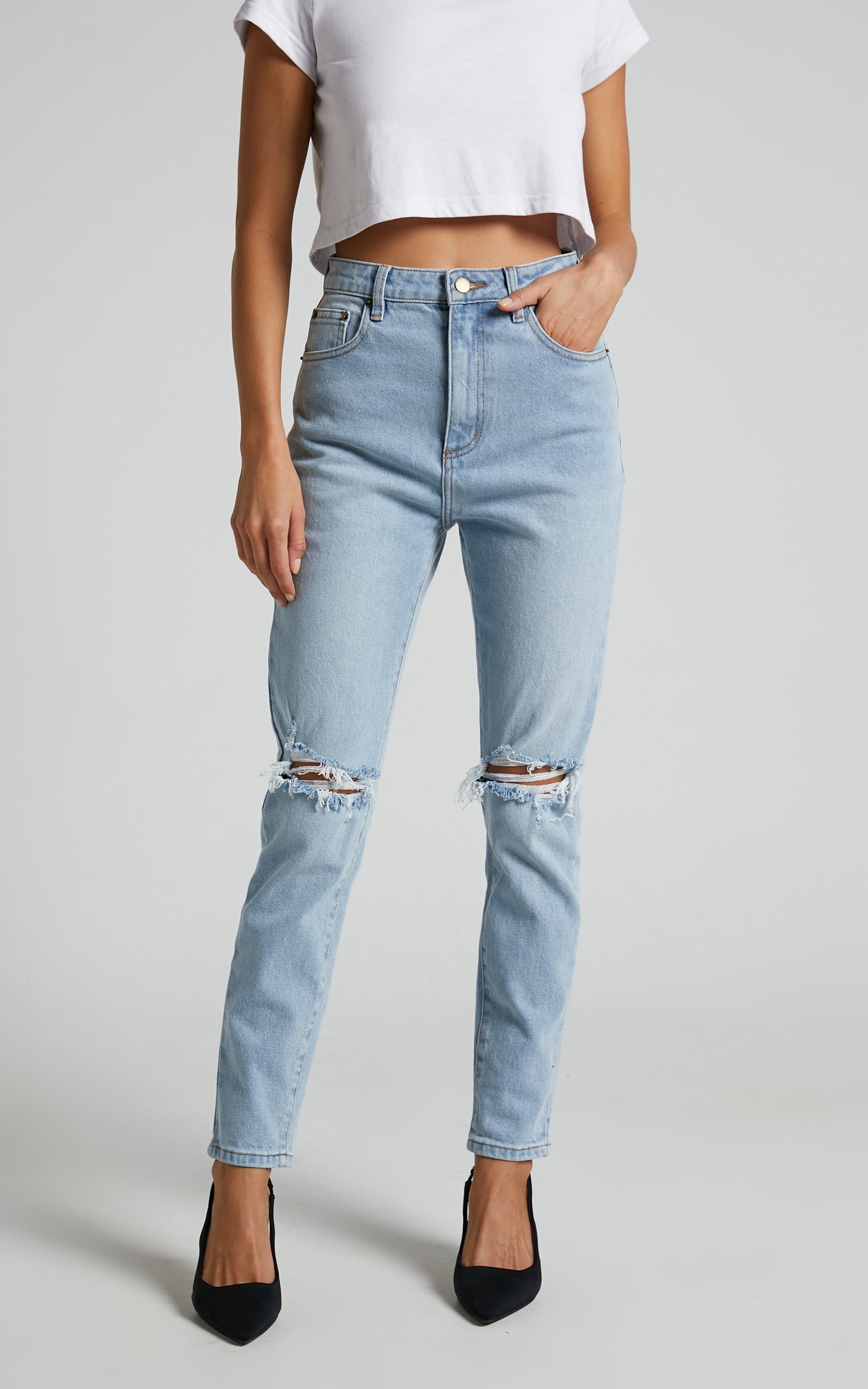 Izira Jeans - High Waisted Ripped Denim Mom Jeans in Mid Blue Wash