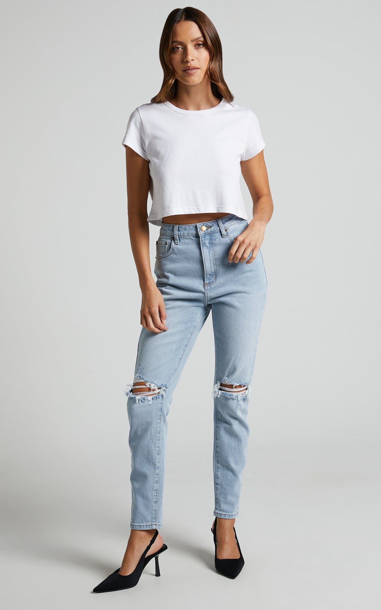 Izira Jeans - High Waisted Ripped Denim Mom Jeans in Mid Blue Wash