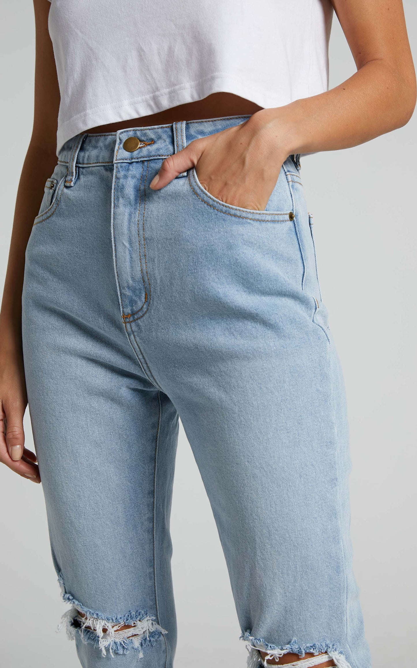 Izira Jeans - High Waisted Ripped Denim Mom Jeans in Mid Blue Wash