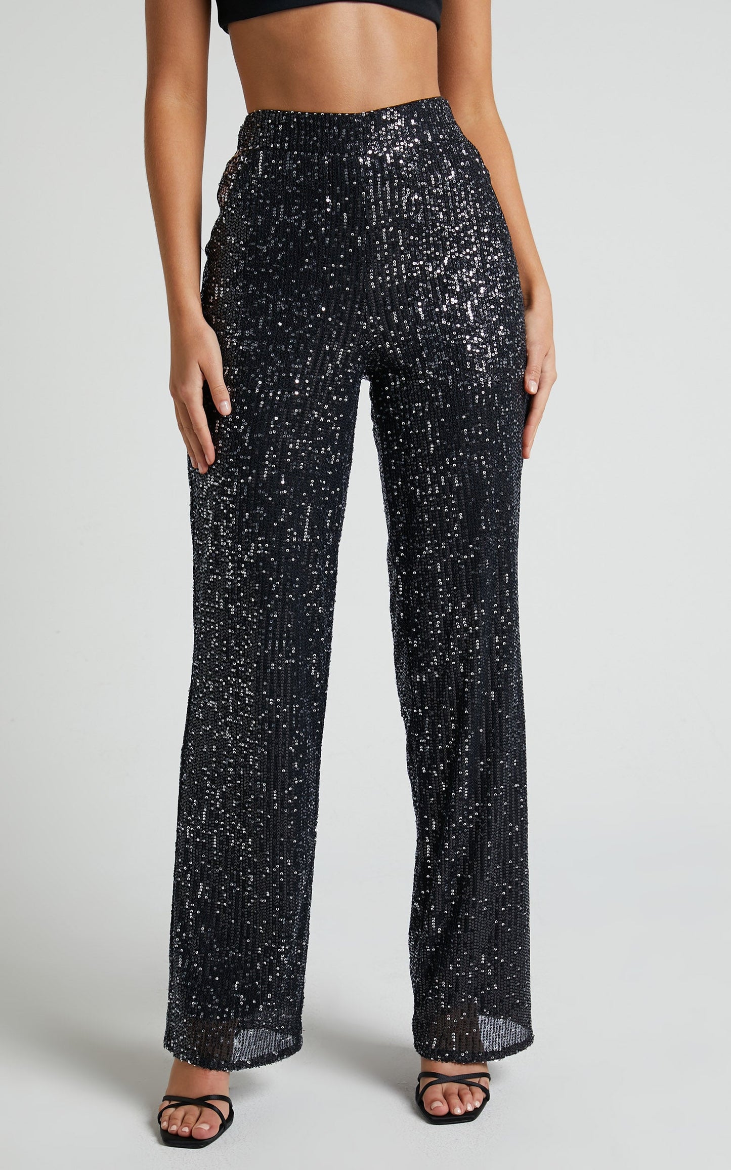 Izzie Pant - Sequin High Waisted Straight Leg Pant in Black