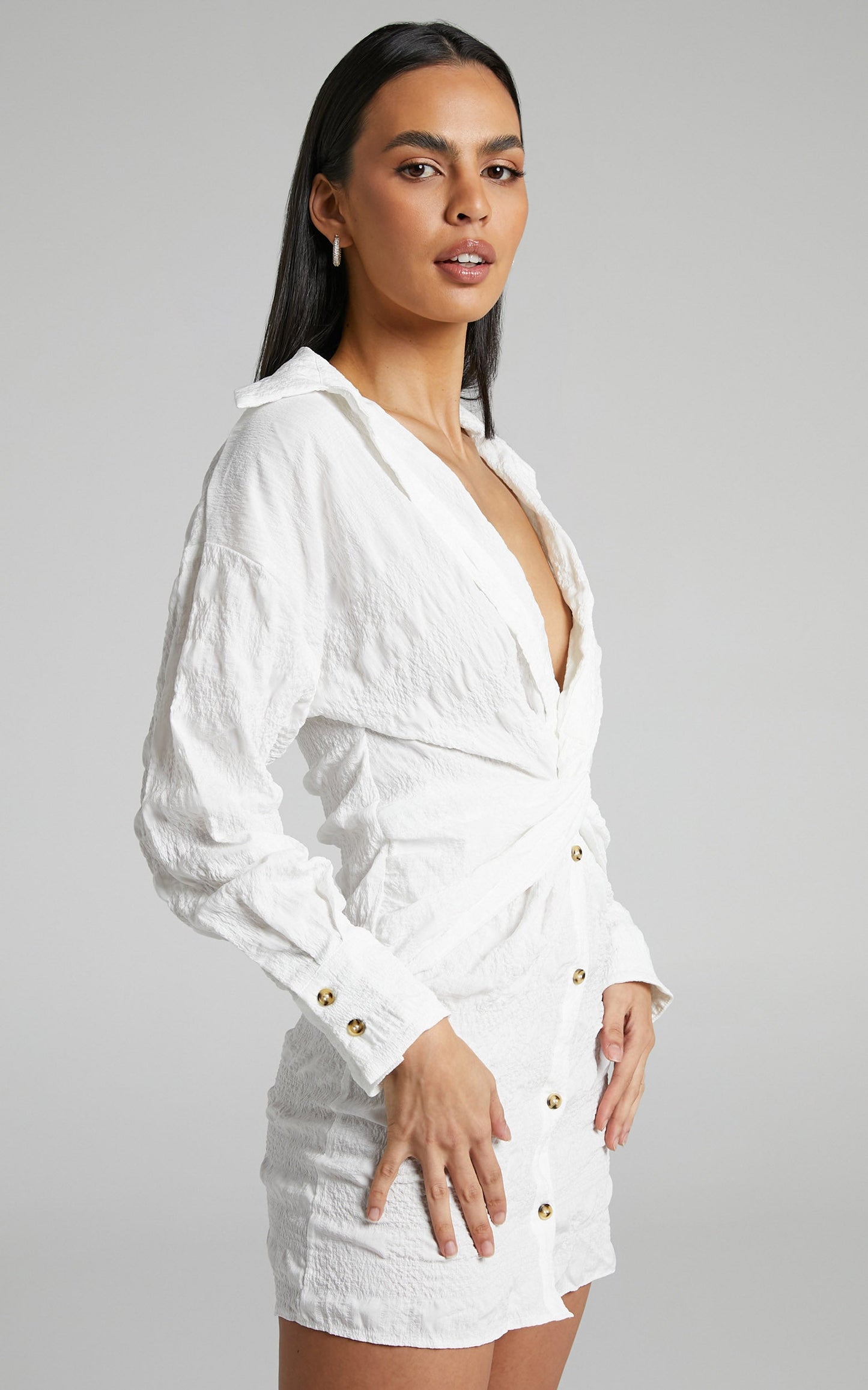 Jimmie Mini Dress - Twist Front Long Sleeve Shirt Dress in Off White Check
